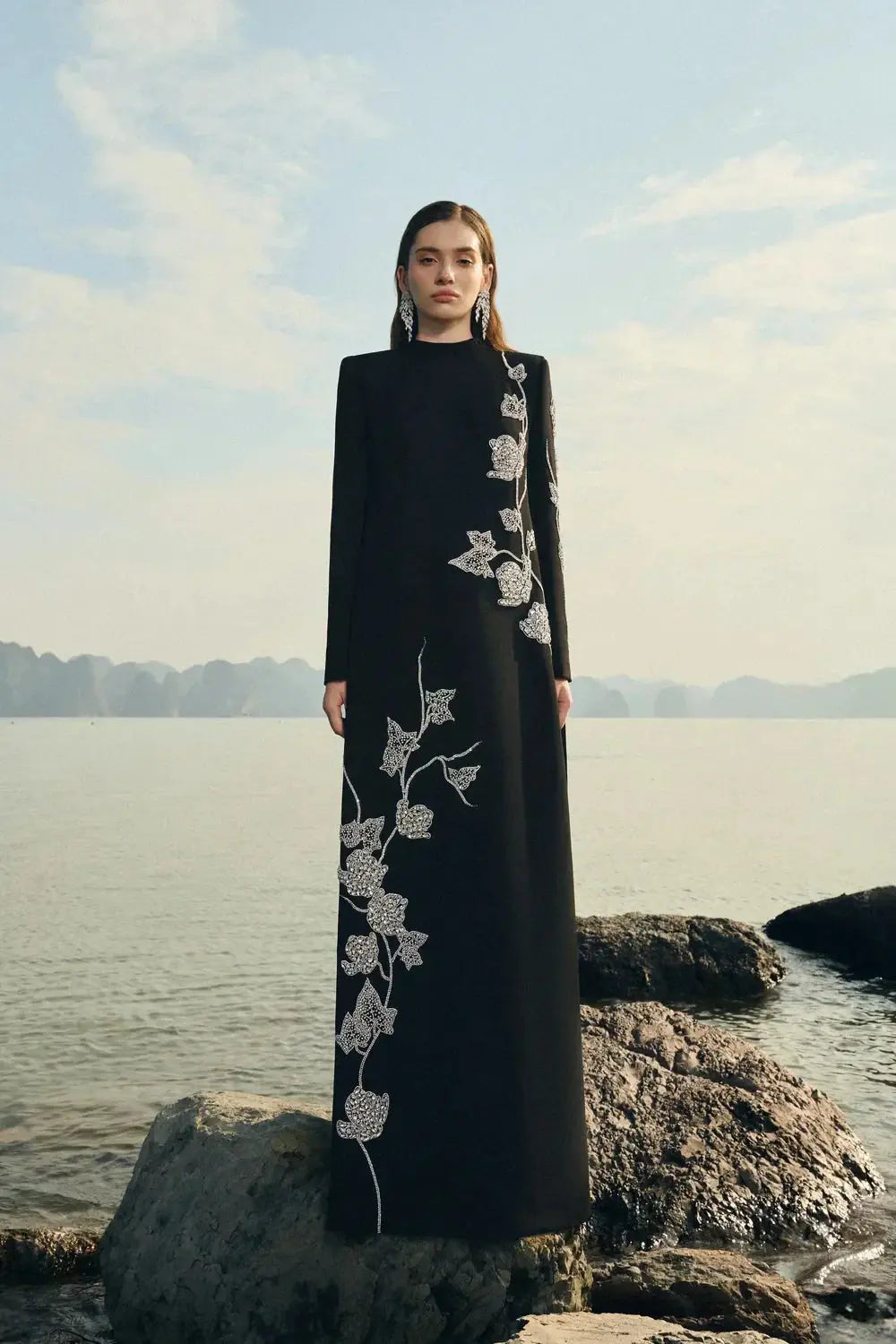 gloria High Neck Asymmetric Crystal Embellished maxi Dress in black Avalabel
