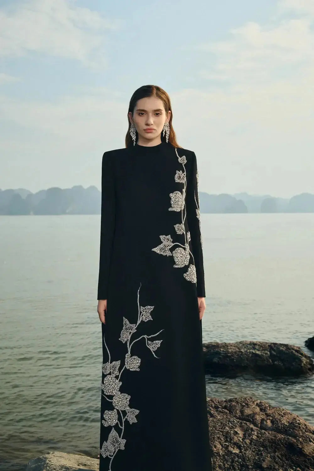 gloria High Neck Asymmetric Crystal Embellished maxi Dress in black Avalabel