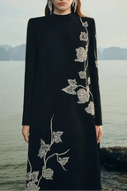 gloria High Neck Asymmetric Crystal Embellished maxi Dress in black Avalabel