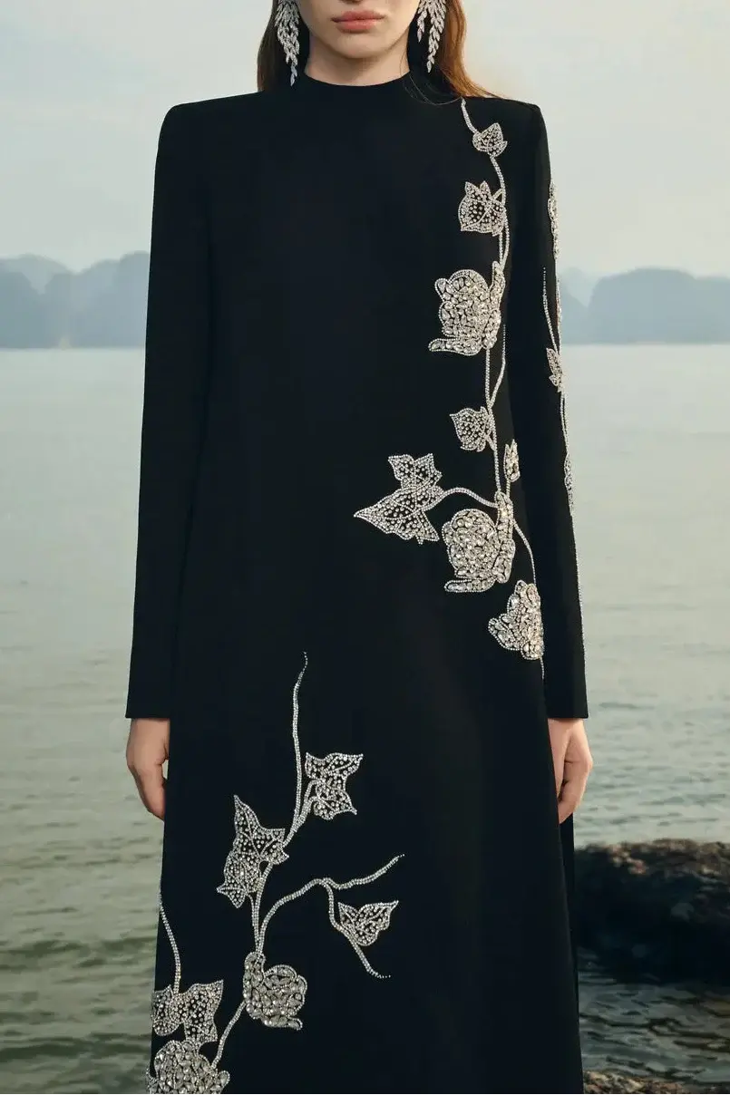 gloria High Neck Asymmetric Crystal Embellished maxi Dress in black Avalabel
