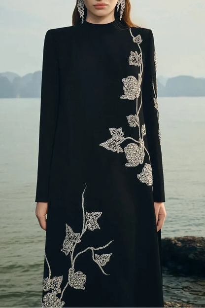gloria High Neck Asymmetric Crystal Embellished maxi Dress in black