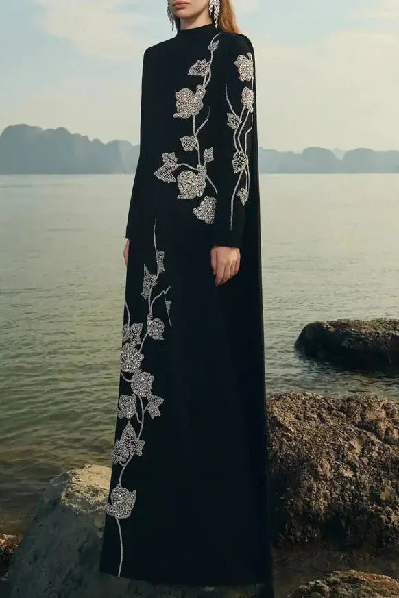 gloria High Neck Asymmetric Crystal Embellished maxi Dress in black Avalabel