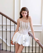 Flower bud puffy strapless mini dress in white Avalabel