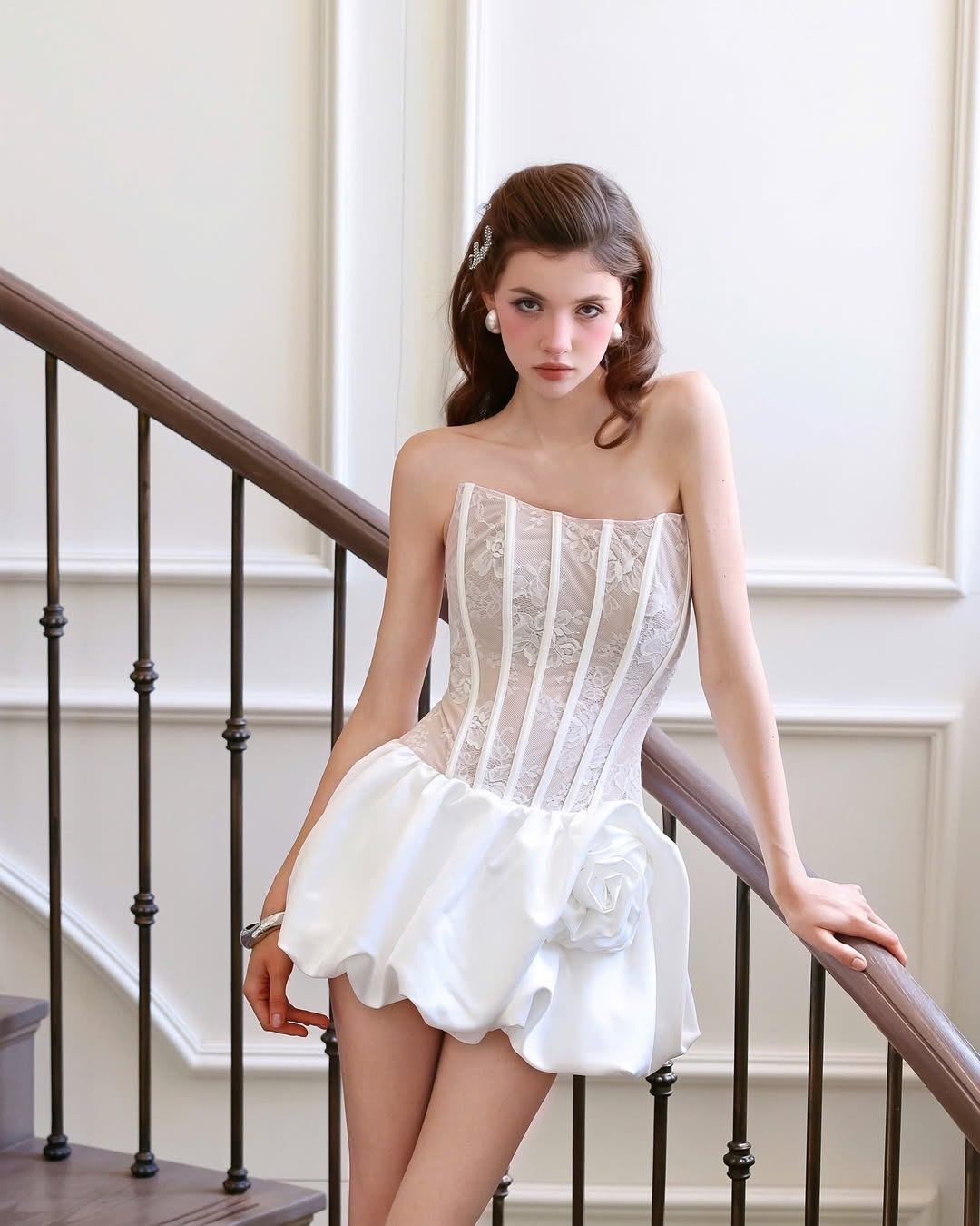 Flower bud puffy strapless mini dress in white Avalabel