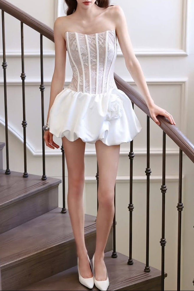 Flower bud puffy strapless mini dress in white Avalabel