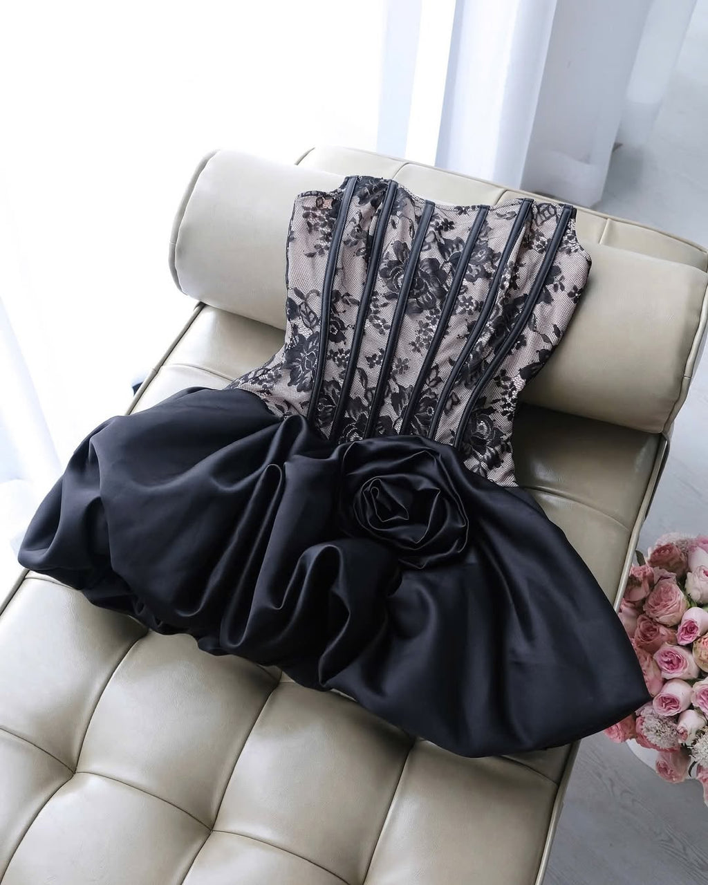 Flower bud puffy strapless mini dress in black Avalabel