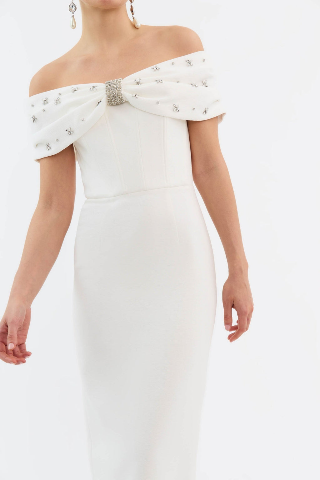 Off Shoulder Crystal Embellished Midi Dress Avalabel