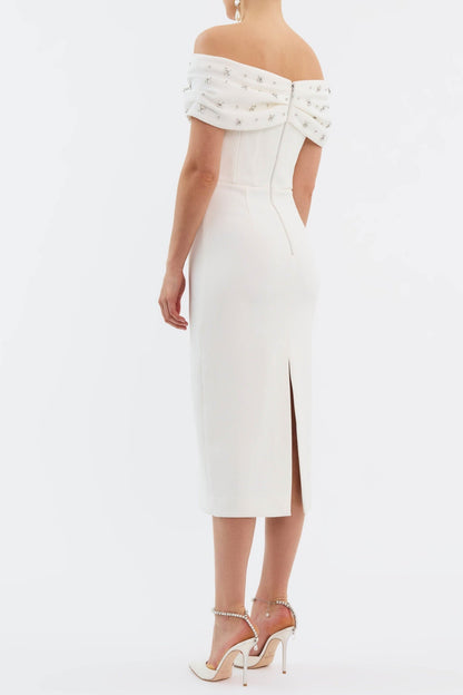 Off Shoulder Crystal Embellished Midi Dress