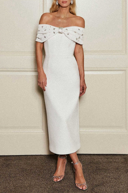 Off Shoulder Crystal Embellished Midi Dress