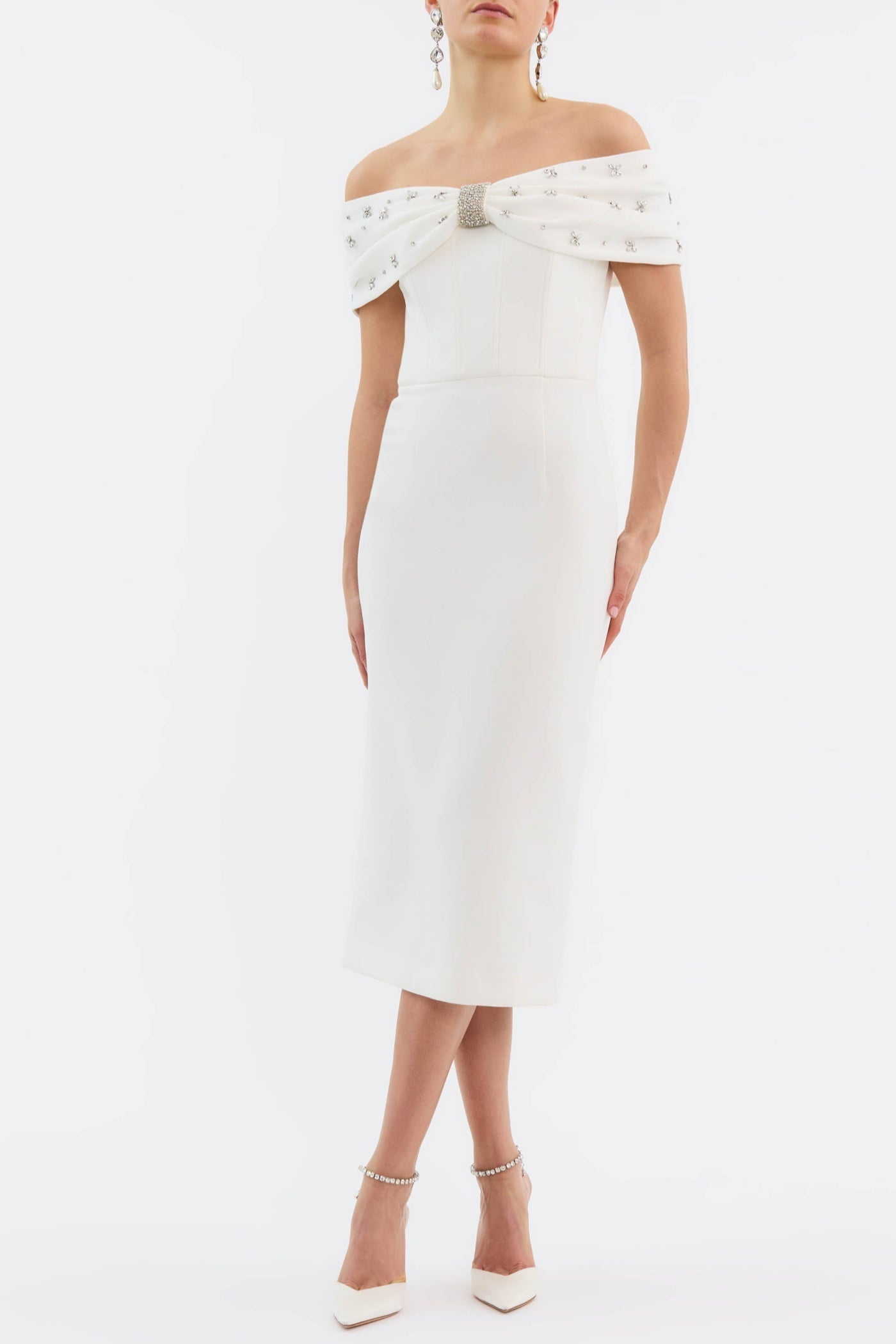 Off Shoulder Crystal Embellished Midi Dress Avalabel