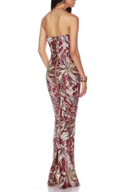 vivien fireworks pattern sequin embroidery strapless maxi dress