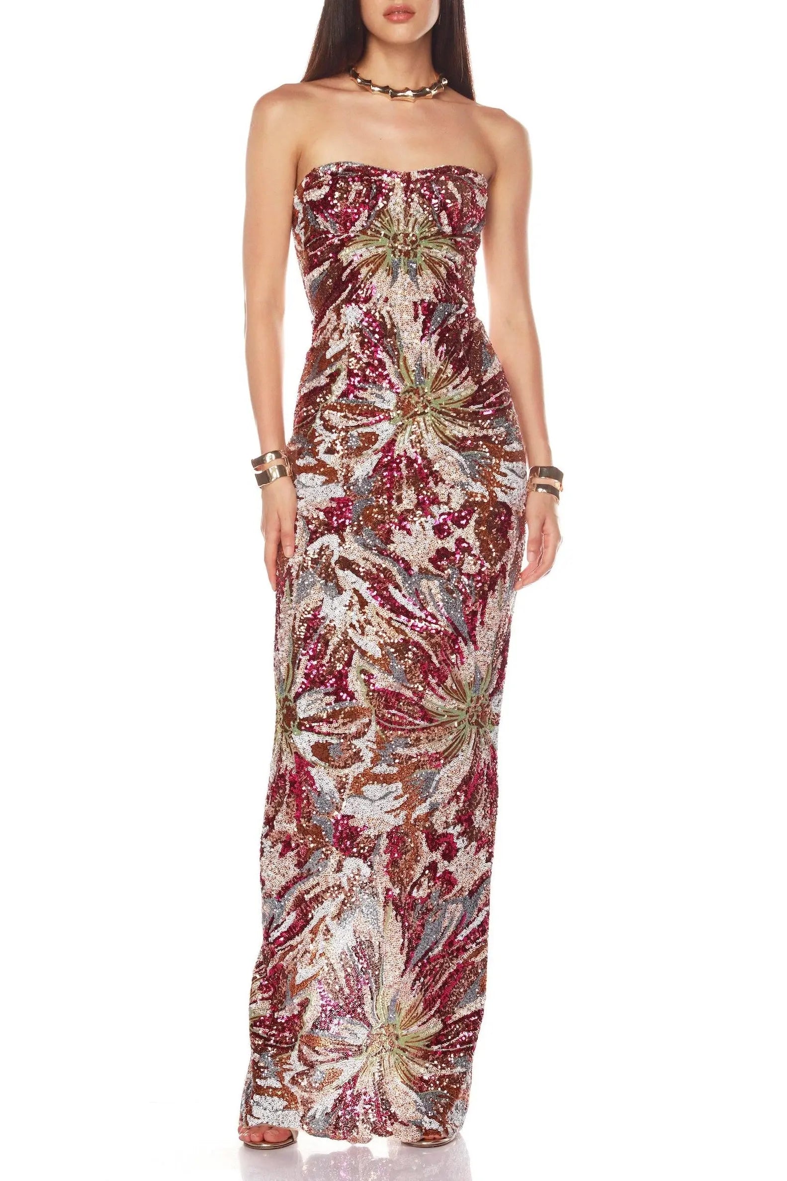 vivien fireworks pattern sequin embroidery strapless maxi dress Avalabel