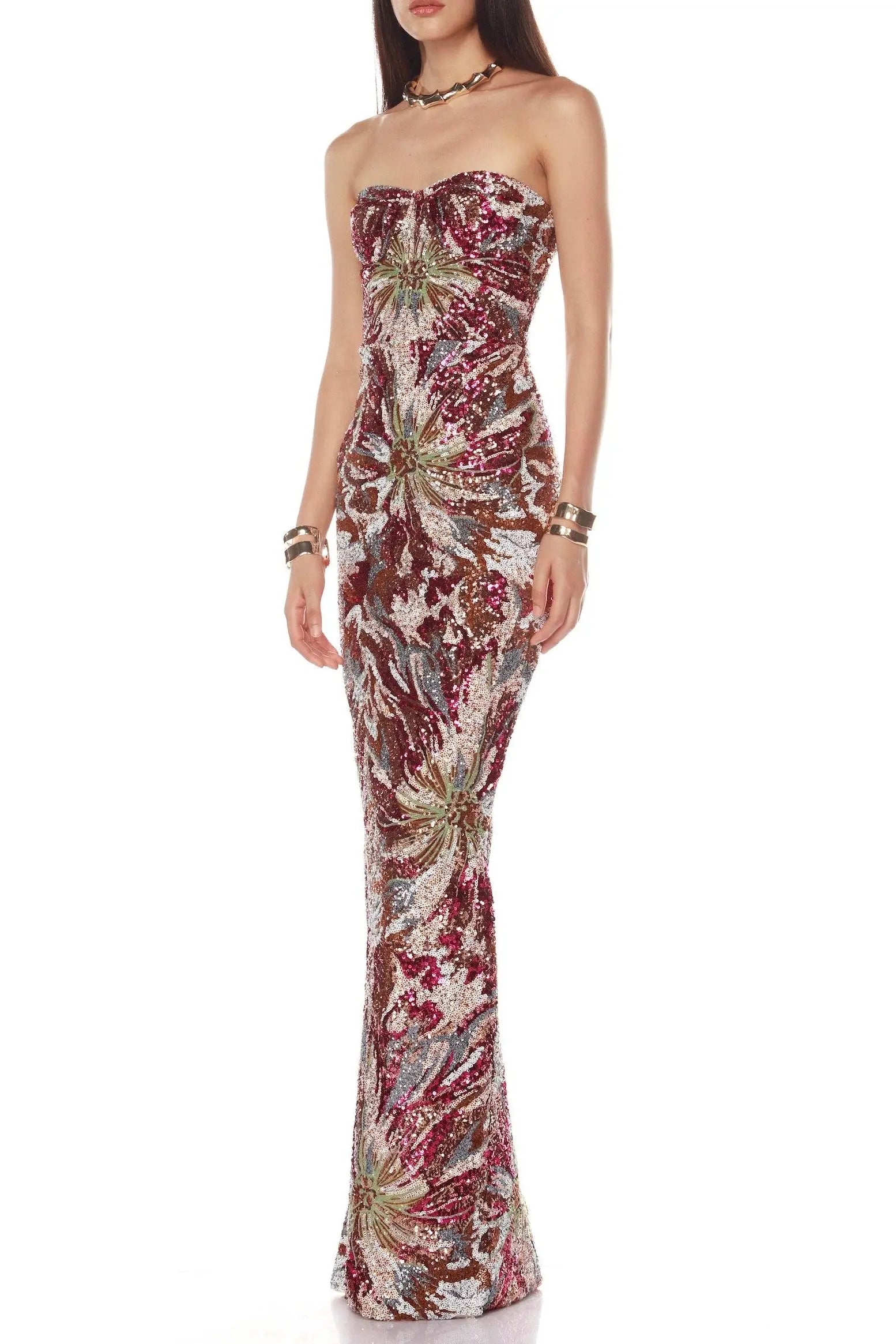 vivien fireworks pattern sequin embroidery strapless maxi dress Avalabel