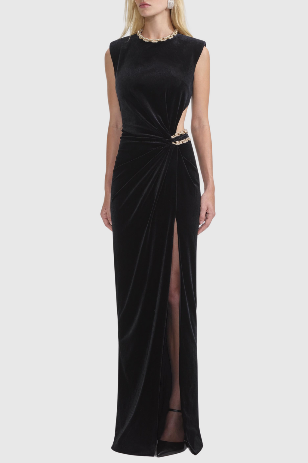 Dalila Velvet Chain-Embellished Maxi Dress Avalabel