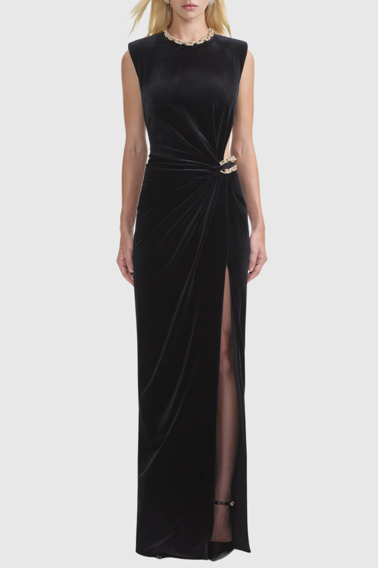 Dalila Velvet Chain-Embellished Maxi Dress Avalabel