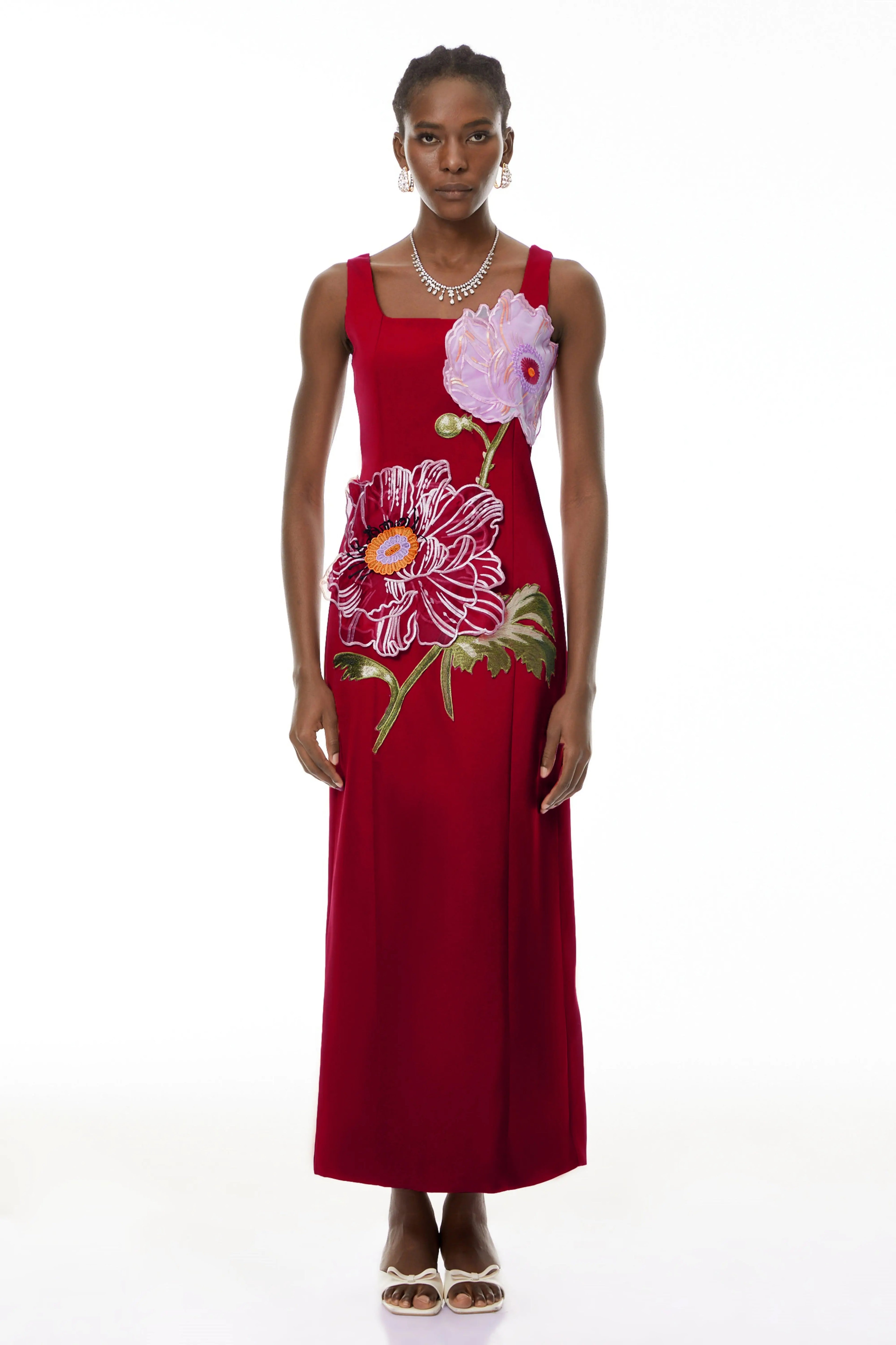 nicola square neck flower embroidery satin maxi dress in red Avalabel