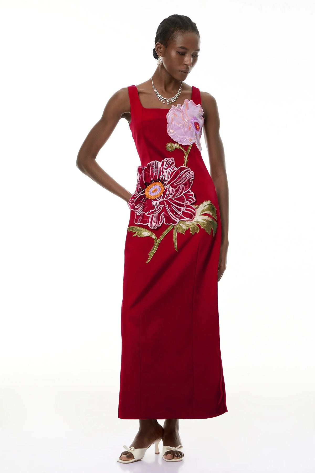 nicola square neck flower embroidery satin maxi dress in red Avalabel