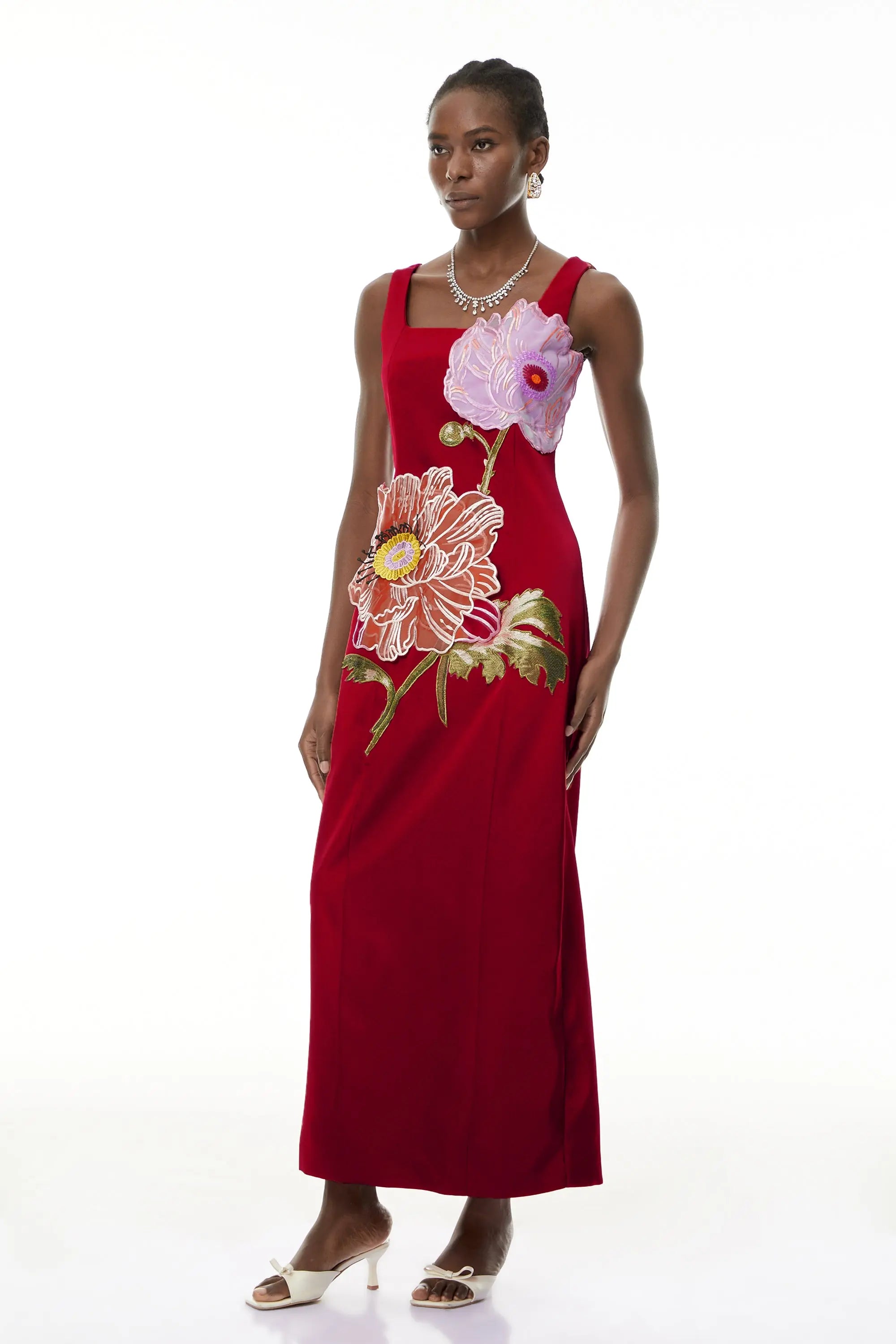 nicola square neck flower embroidery satin maxi dress in red Avalabel