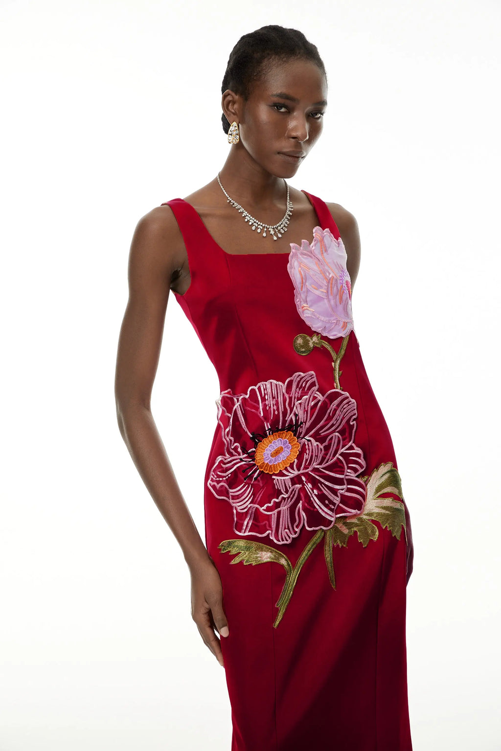 nicola square neck flower embroidery satin maxi dress in red Avalabel