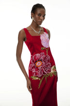 nicola square neck flower embroidery satin maxi dress in red Avalabel