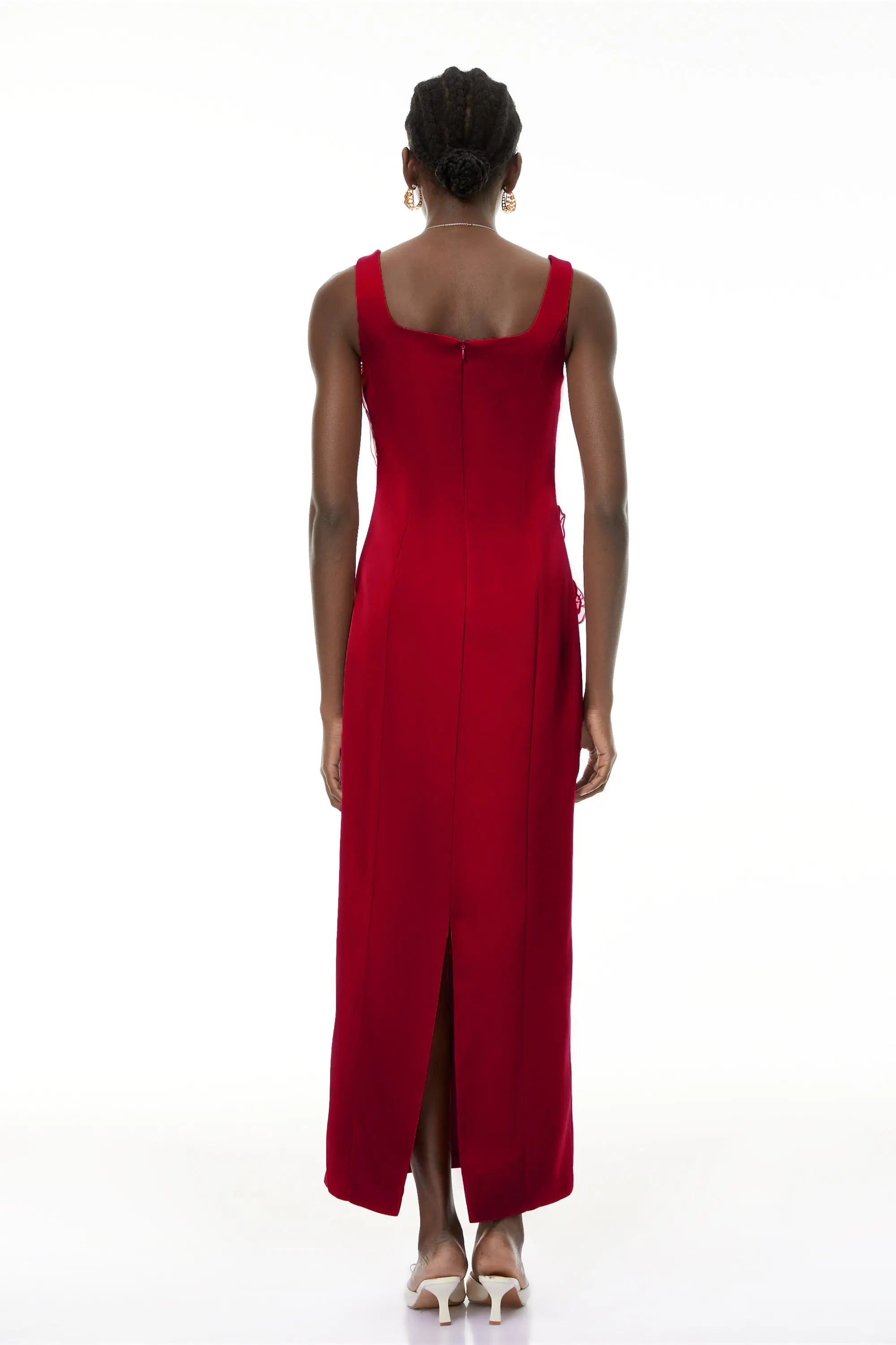 nicola square neck flower embroidery satin maxi dress in red Avalabel