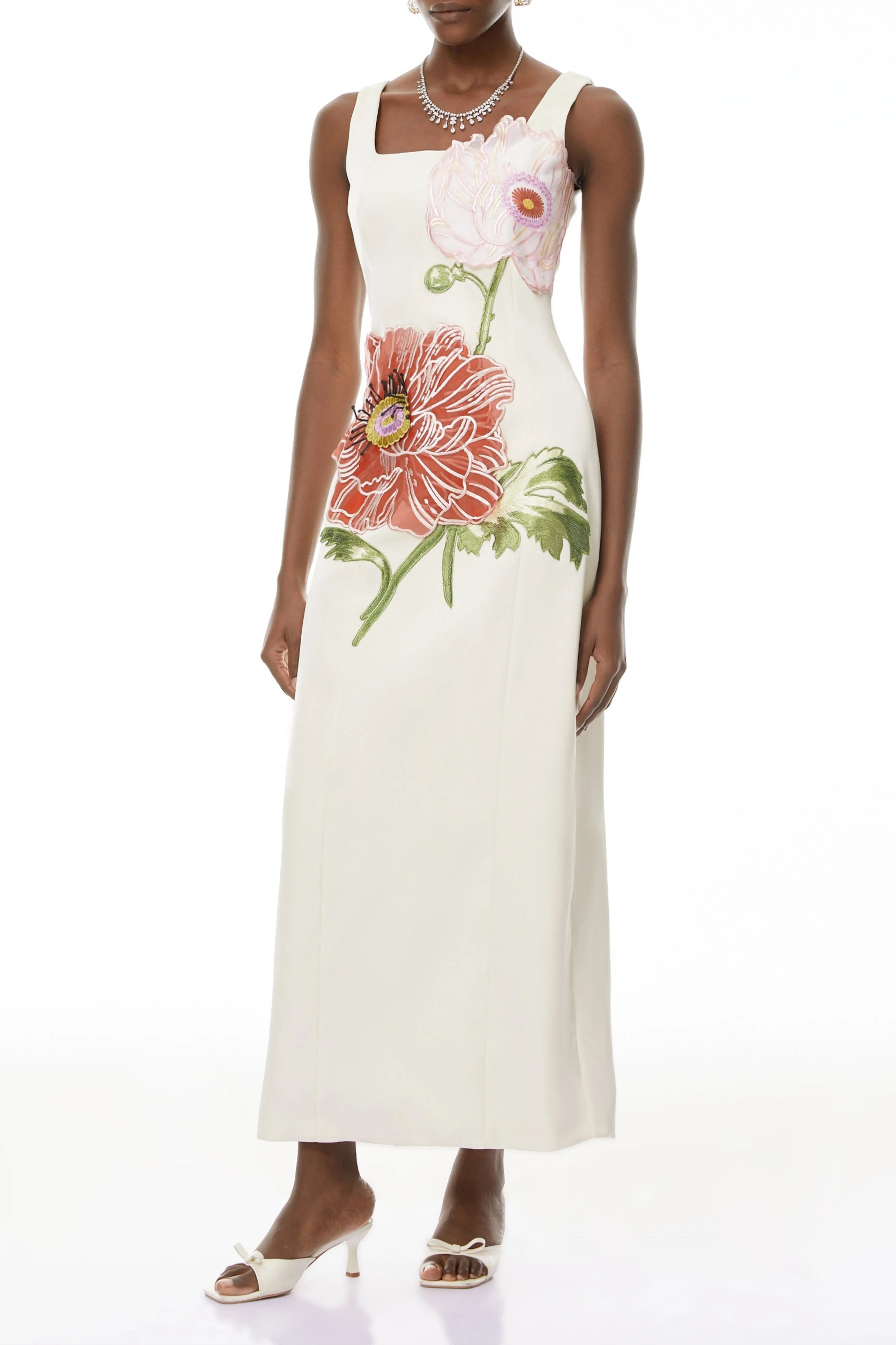 nicola square neck flower embroidery satin maxi dress in apricot Avalabel