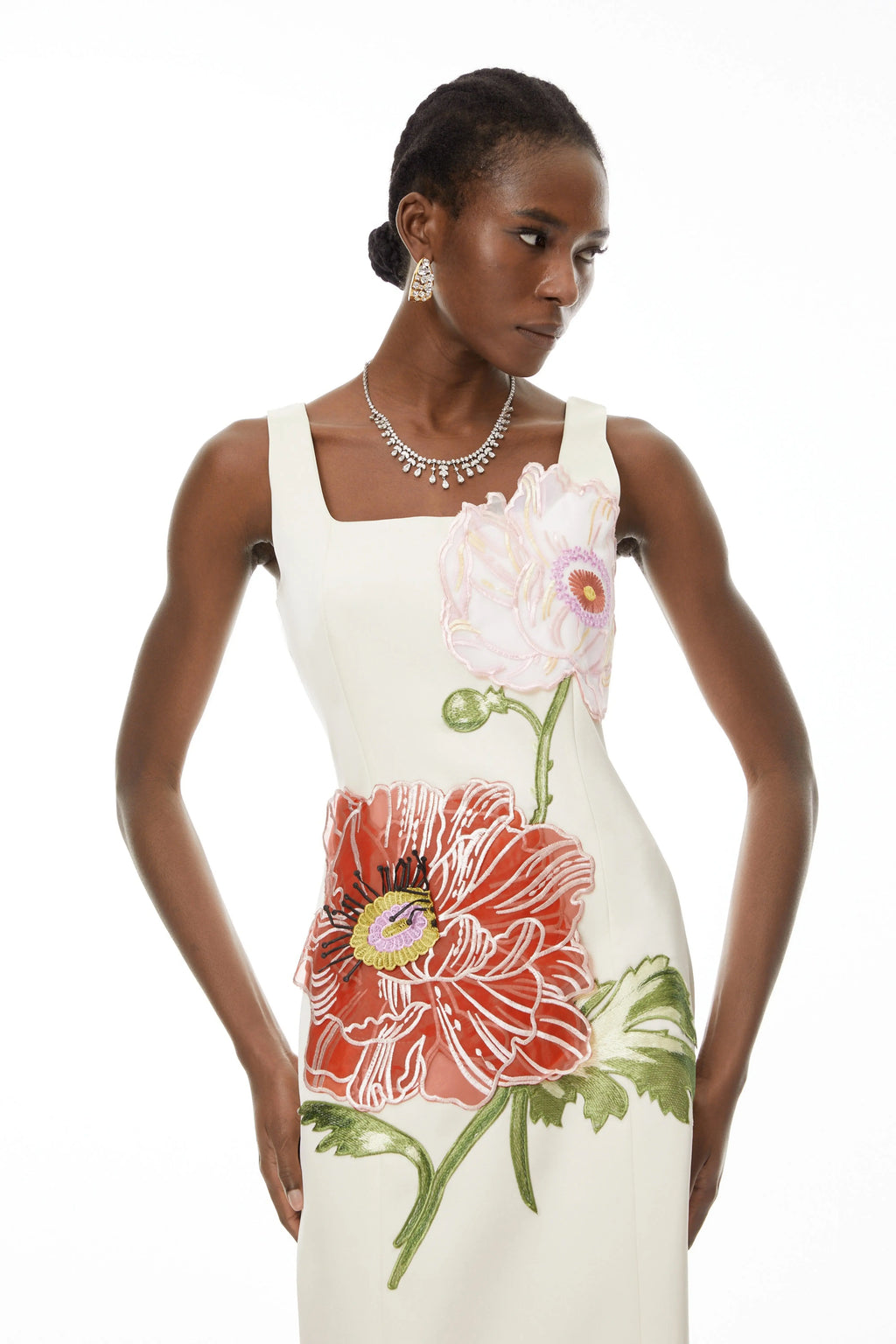nicola square neck flower embroidery satin maxi dress in apricot Avalabel