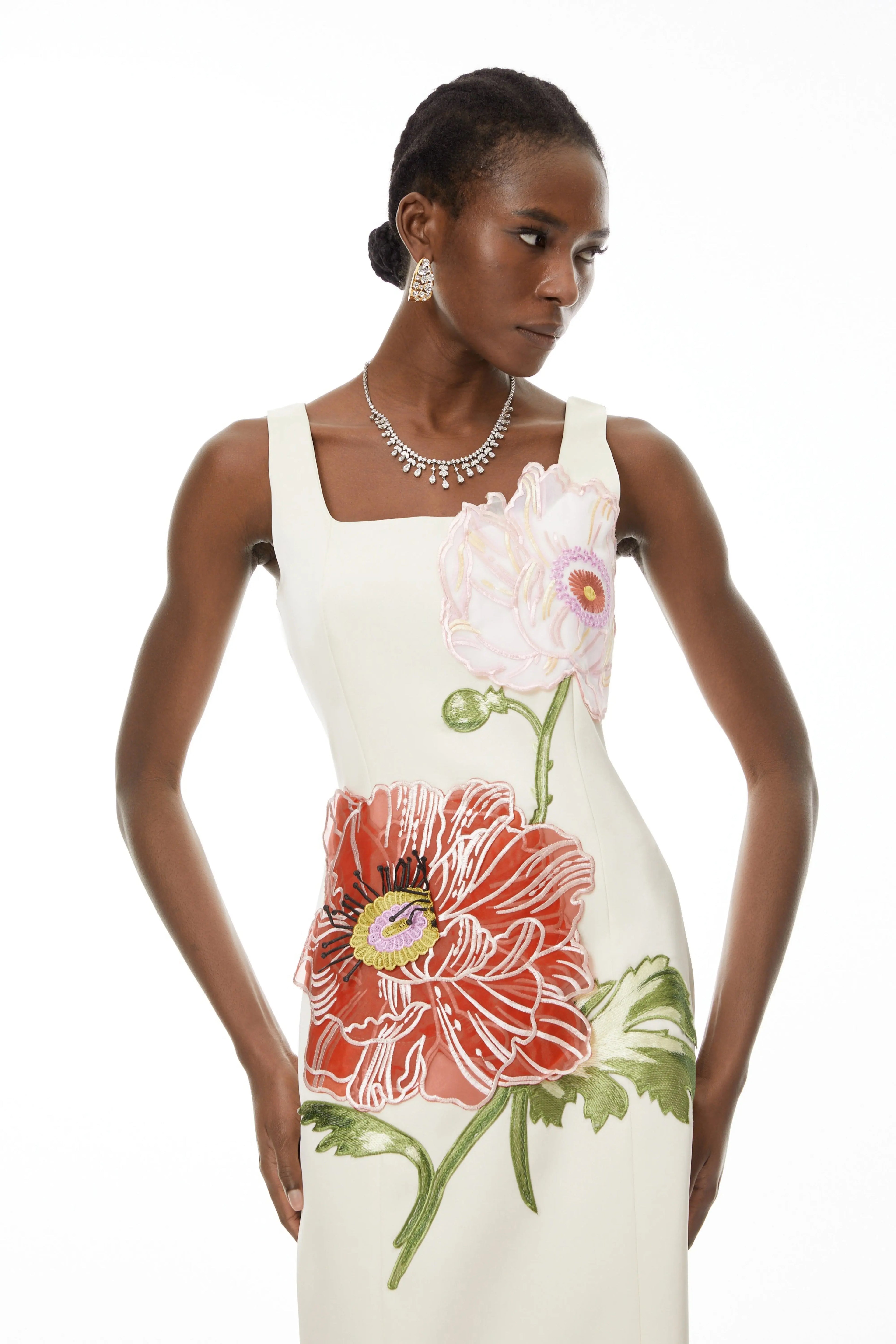 nicola square neck flower embroidery satin maxi dress in apricot Avalabel