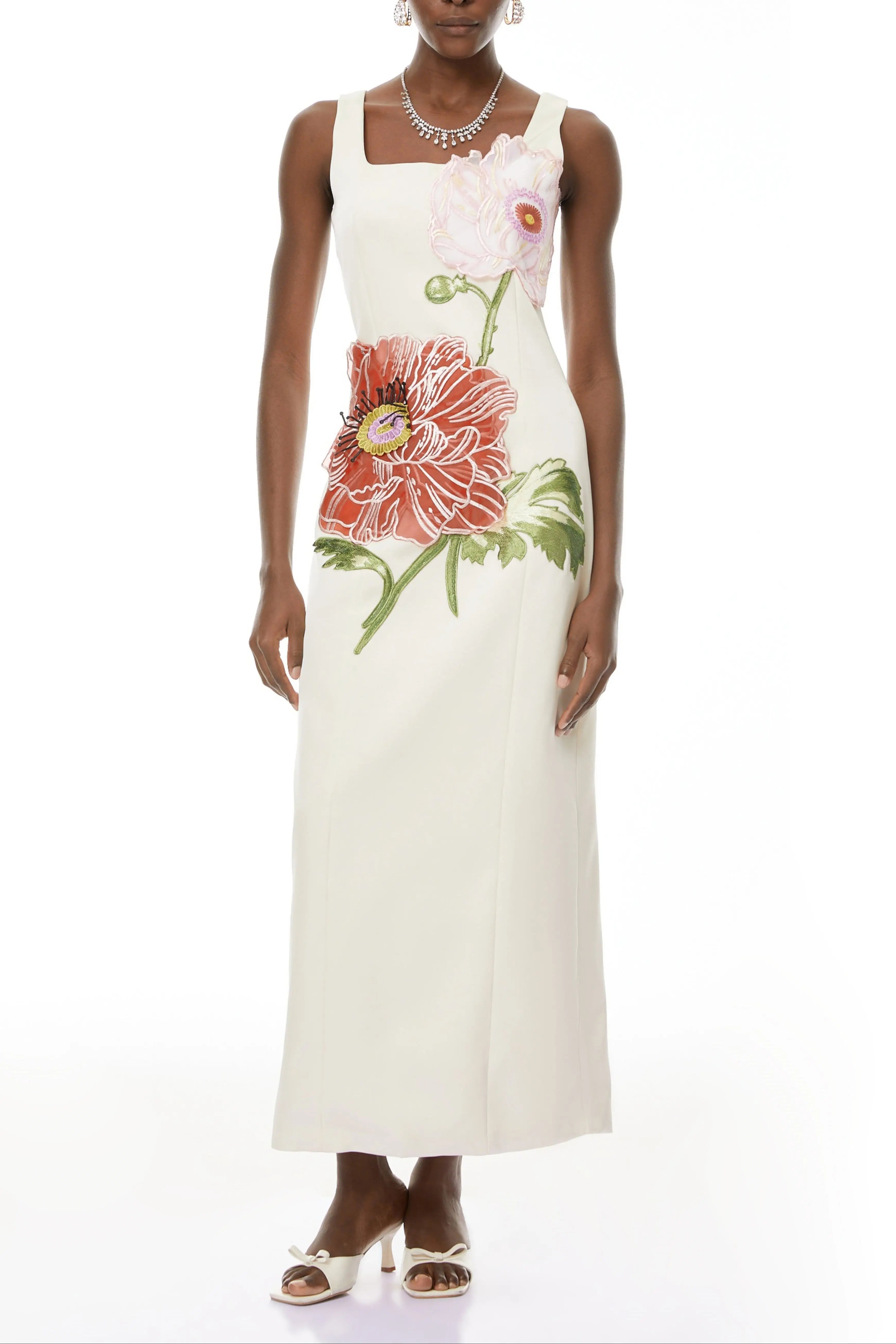 nicola square neck flower embroidery satin maxi dress in apricot Avalabel