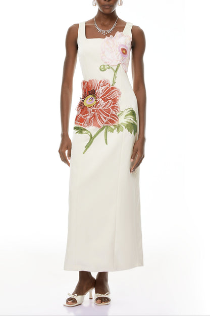 nicola square neck flower embroidery satin maxi dress in apricot