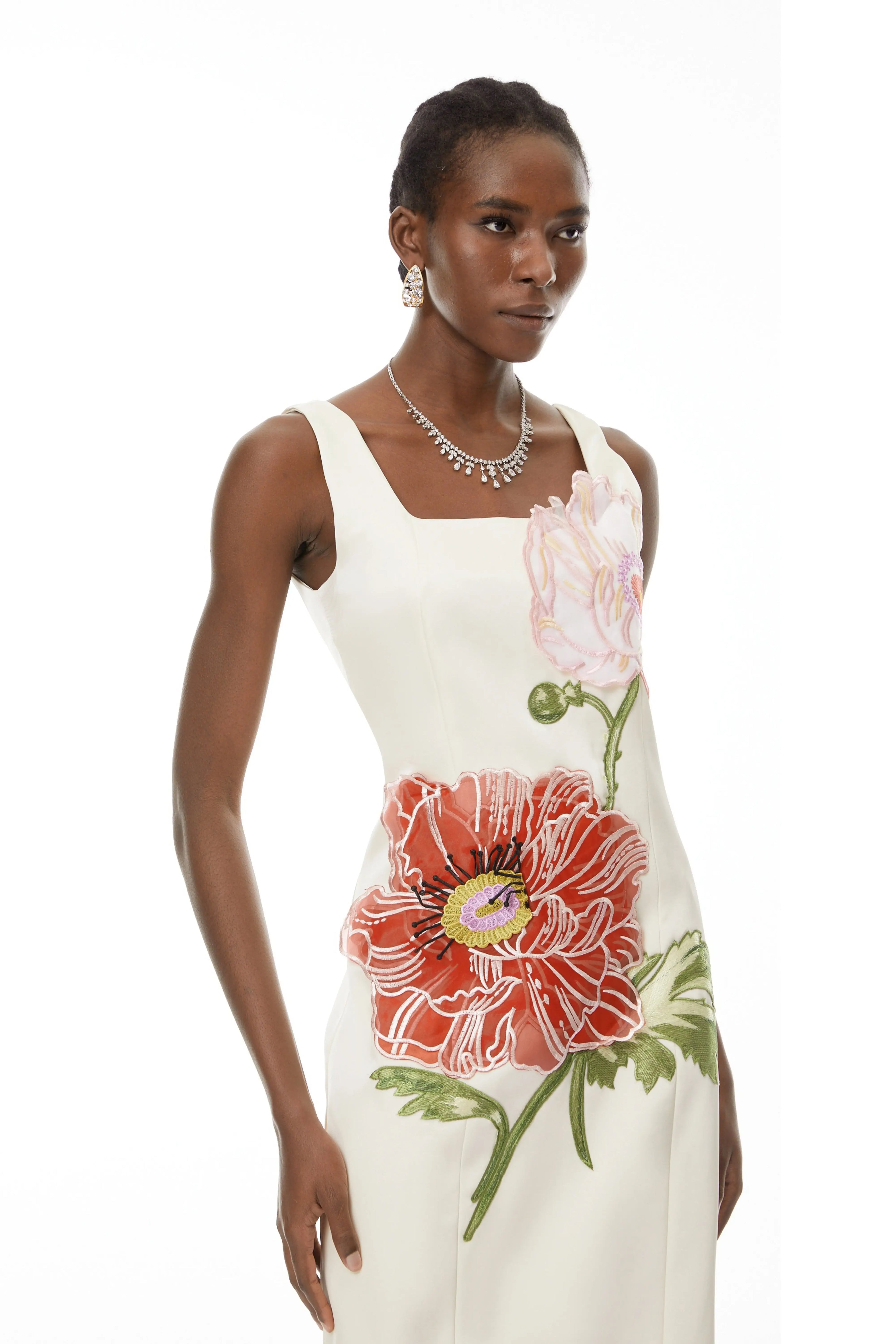 nicola square neck flower embroidery satin maxi dress in apricot Avalabel