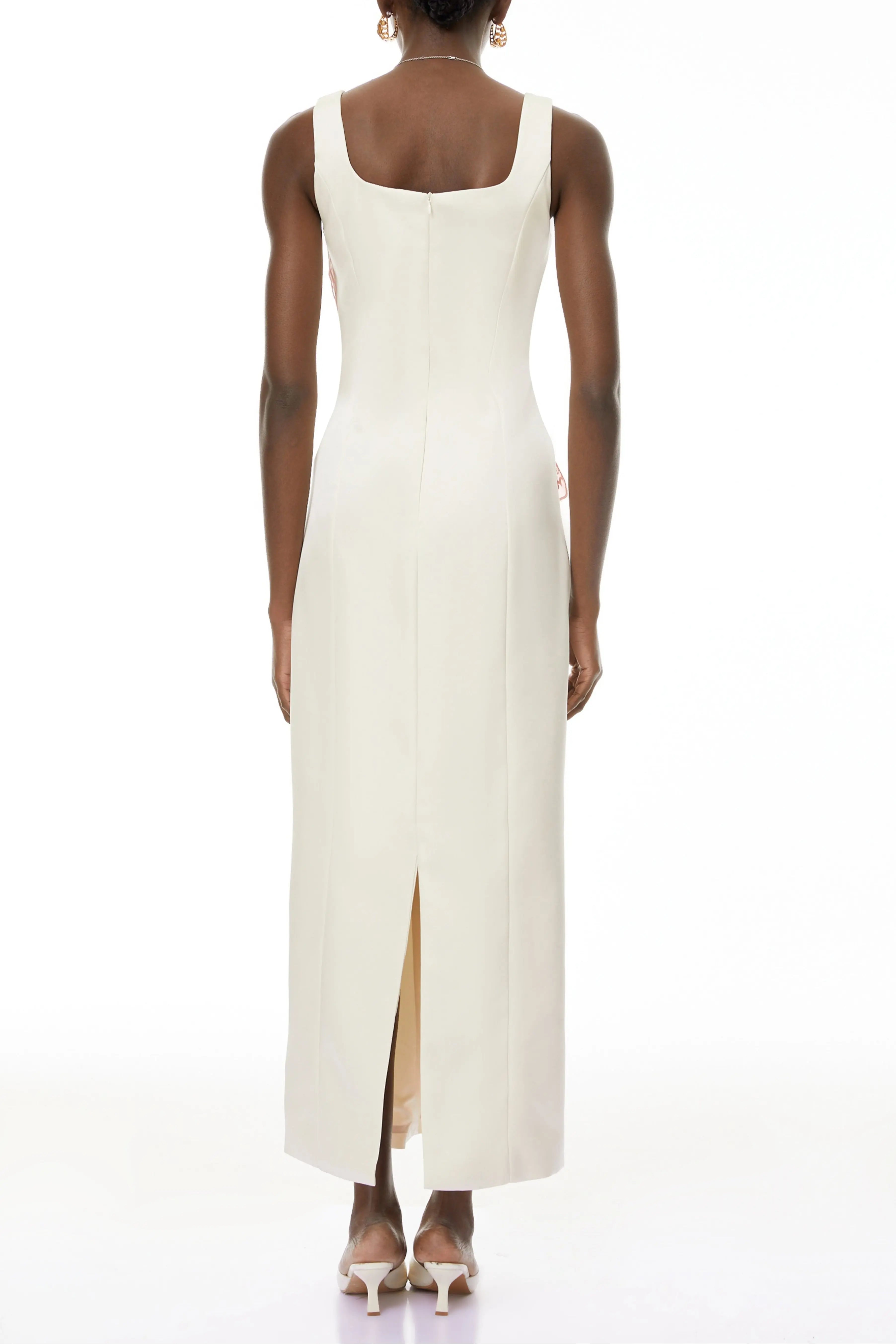 nicola square neck flower embroidery satin maxi dress in apricot Avalabel