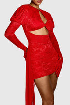 Dariel Floral Jacquard Cutout Draped Mini Dress - Red Avalabel