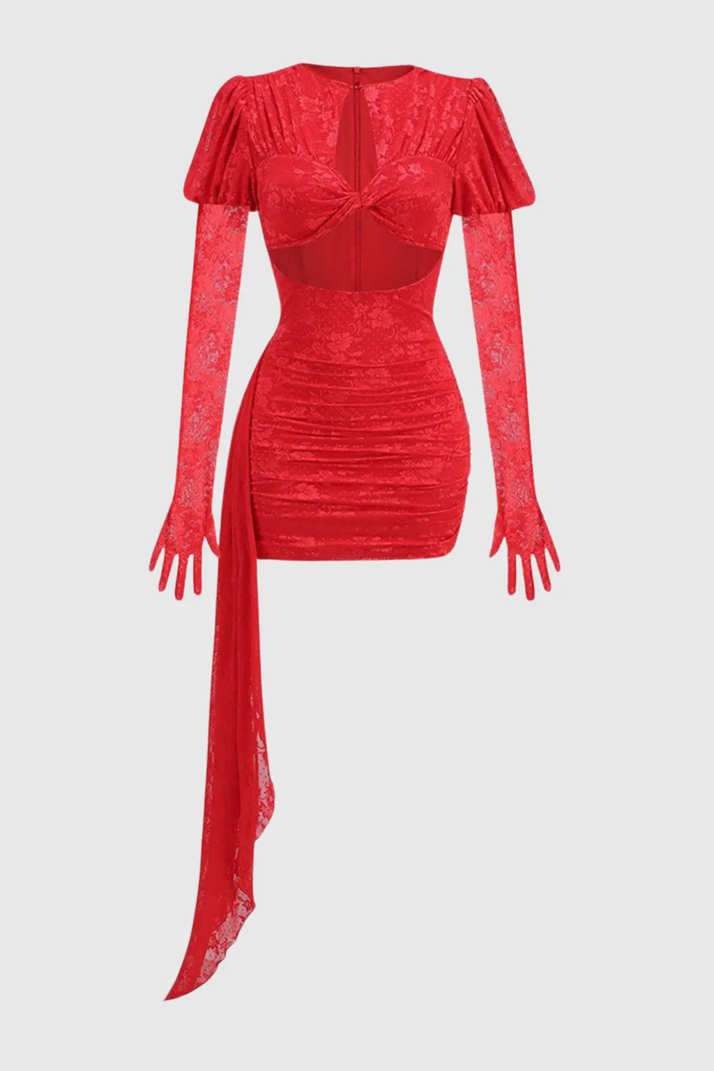 Dariel Floral Jacquard Cutout Draped Mini Dress - Red Avalabel