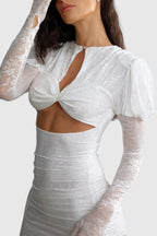 Dariel Floral Jacquard Cutout Draped Mini Dress - White Avalabel