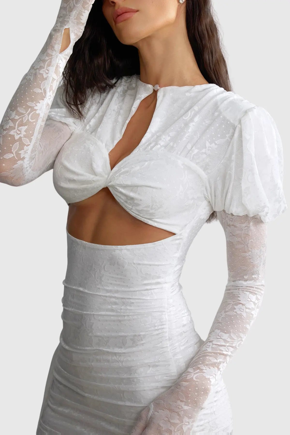 Dariel Floral Jacquard Cutout Draped Mini Dress - White Avalabel