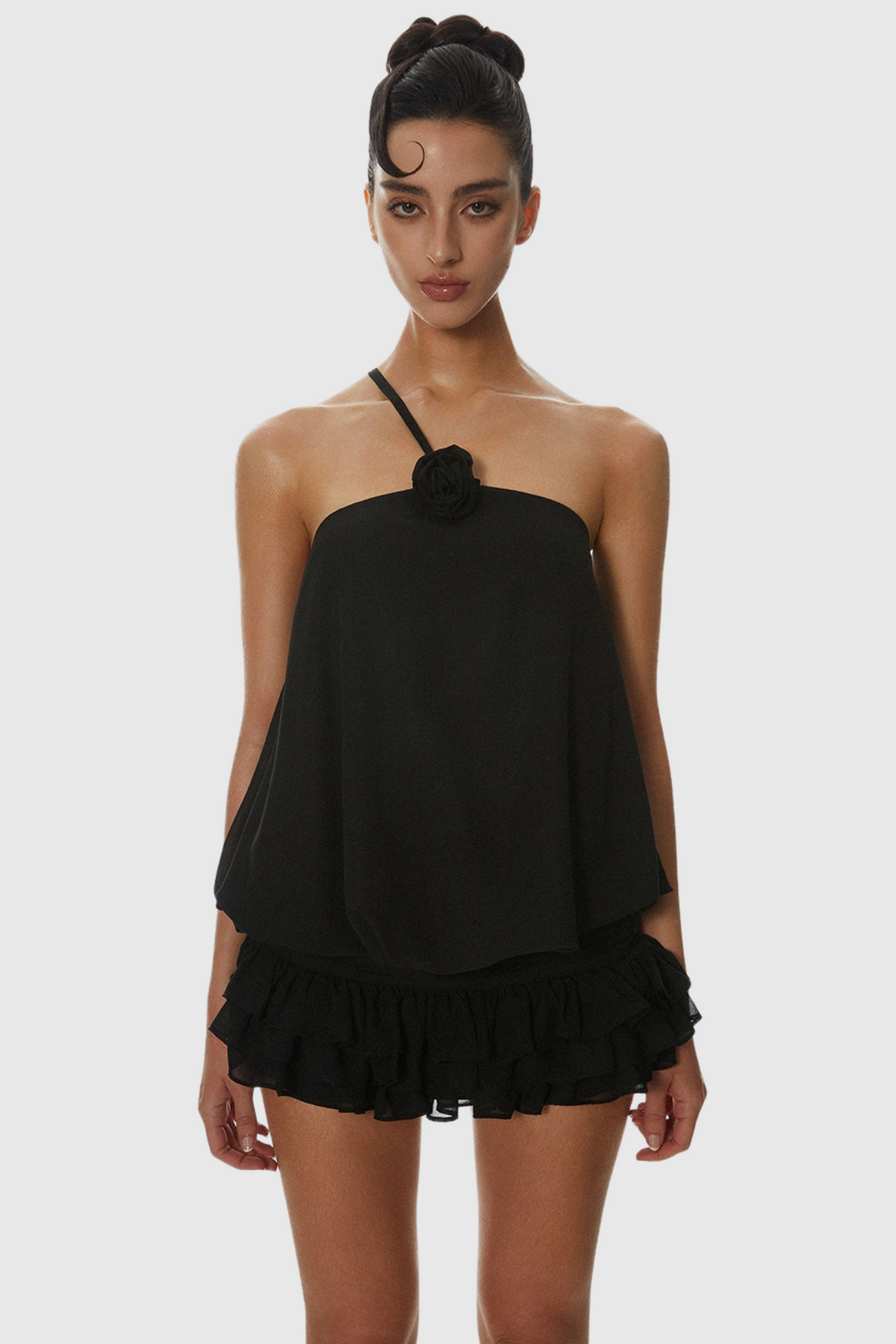 Dellesa Floral One Shoulder Top - Black Avalabel
