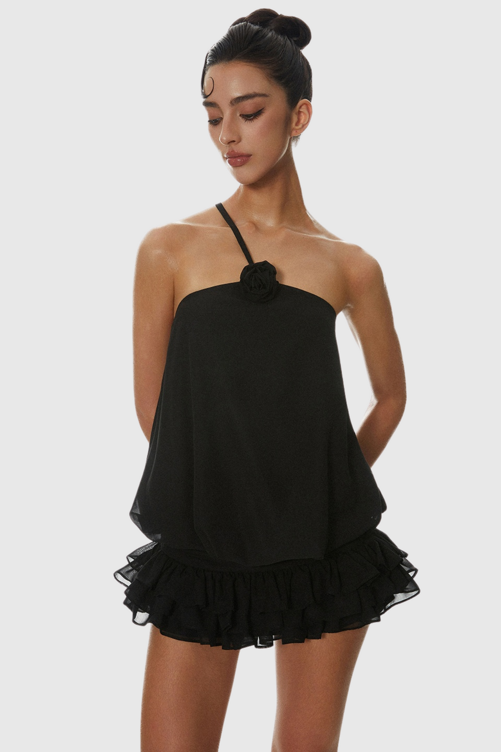 Dellesa Floral One Shoulder Top - Black Avalabel