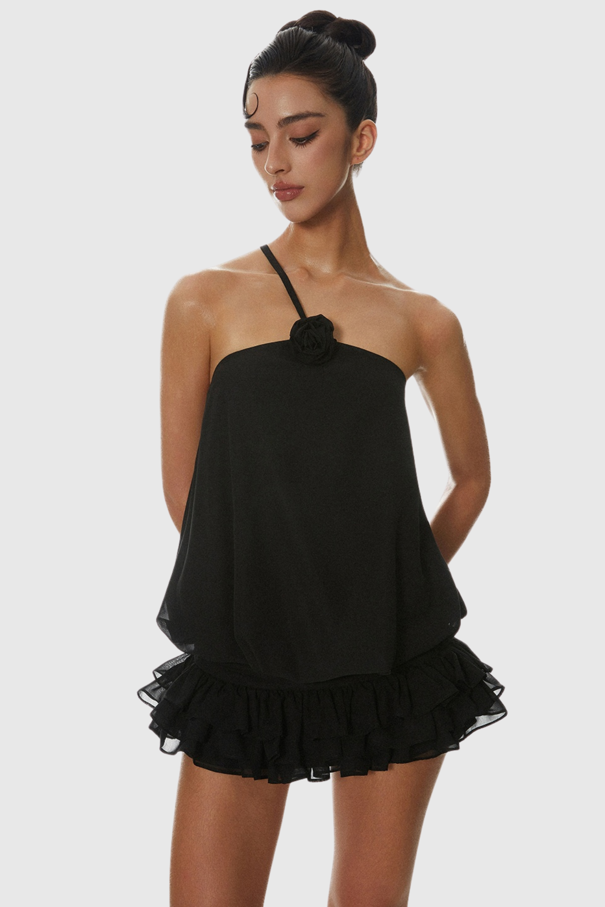 Dellesa Floral One Shoulder Top - Black Avalabel
