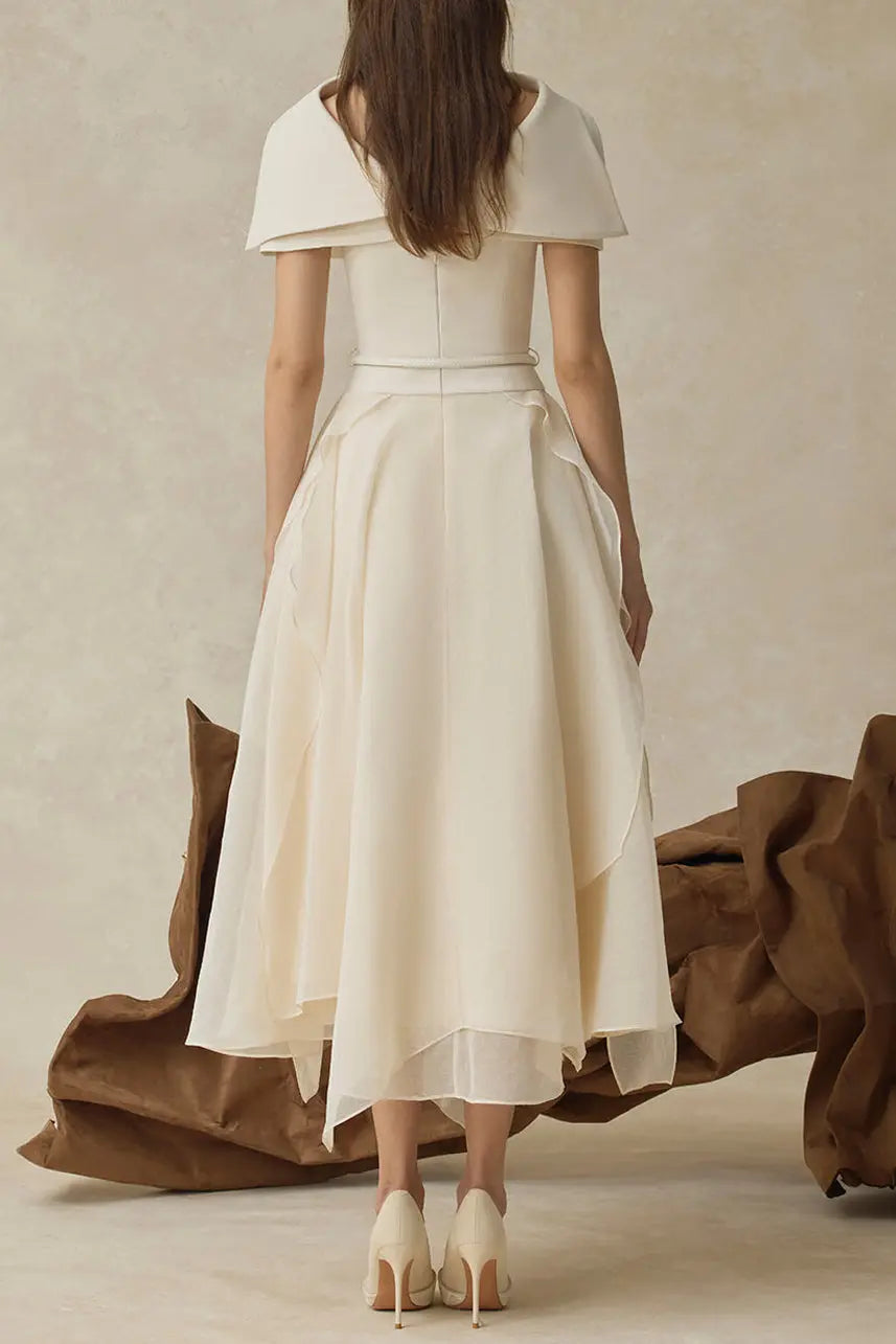 kelly beige Cape Sleeve Ruffle Midi Dress with belt Avalabel