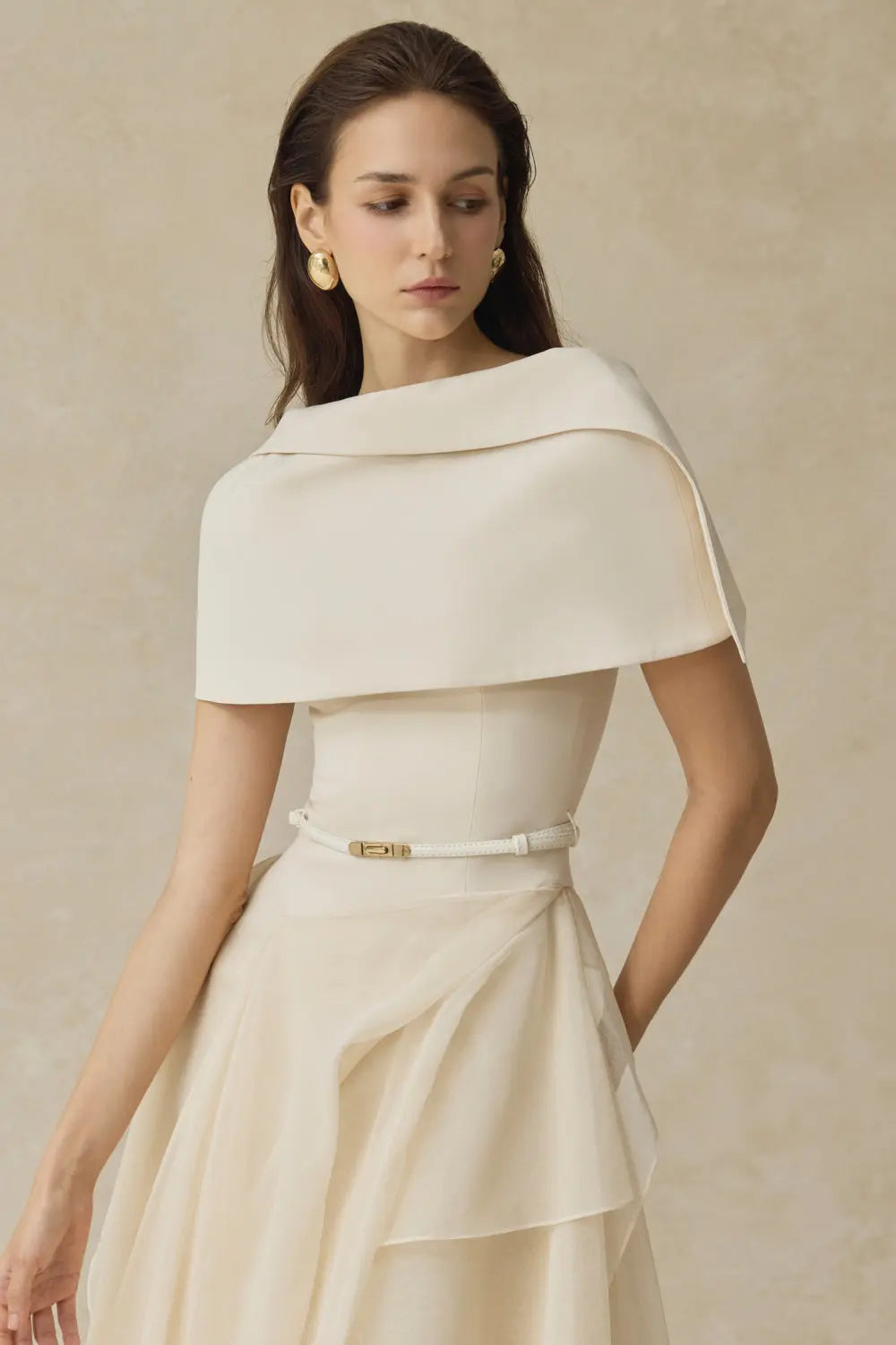 kelly beige Cape Sleeve Ruffle Midi Dress with belt Avalabel