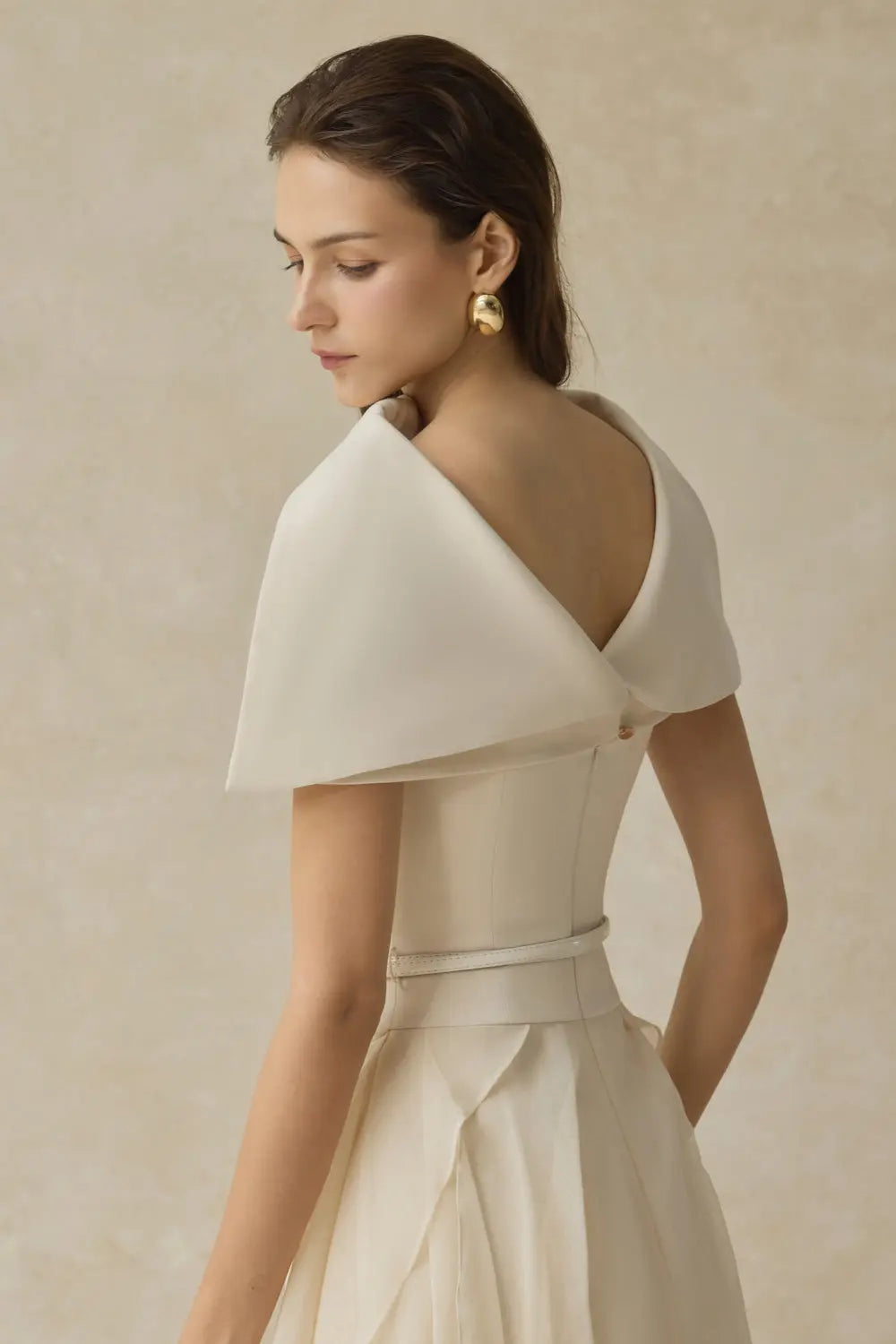 kelly beige Cape Sleeve Ruffle Midi Dress with belt Avalabel