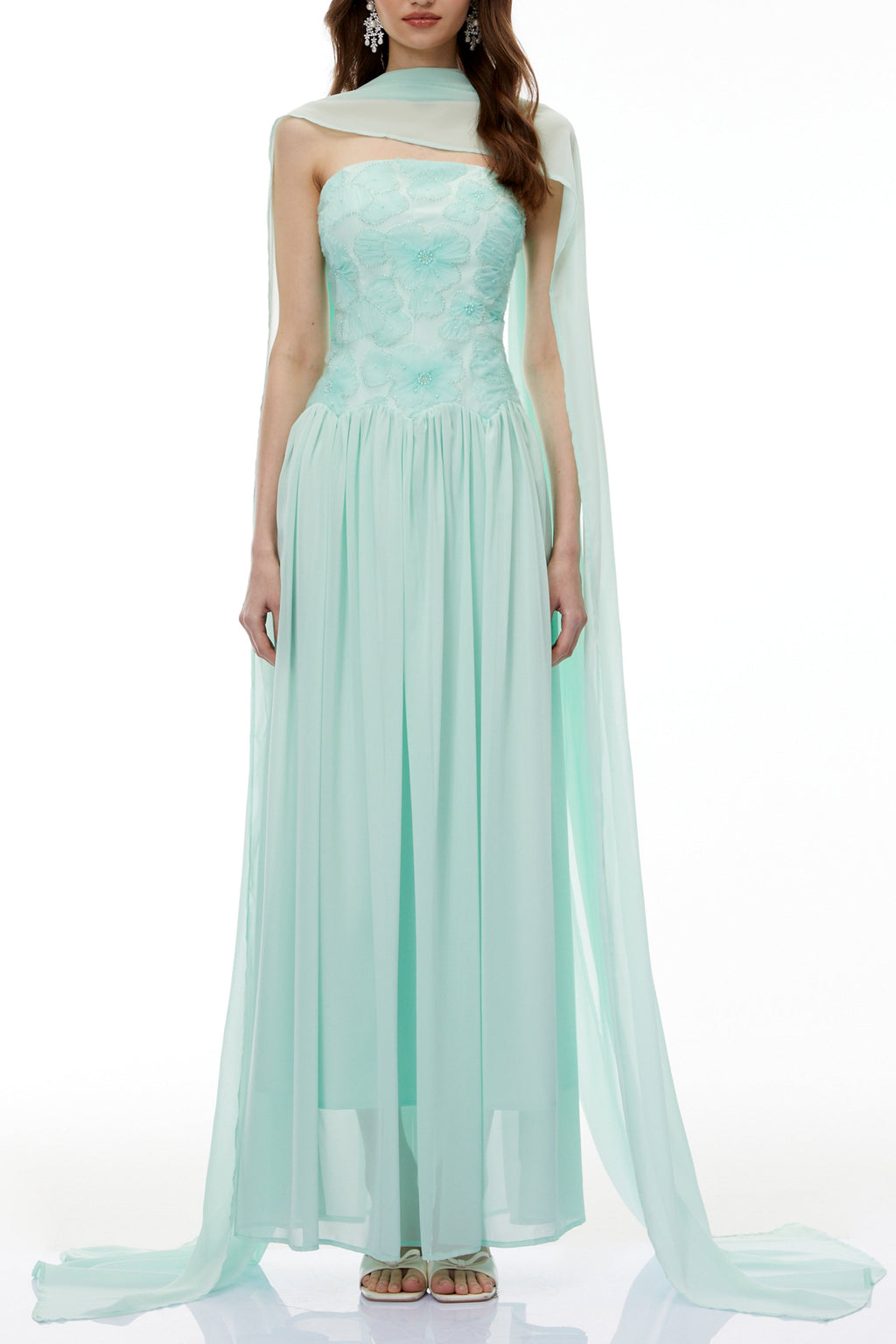 Rebecca Green Floral Embroidered Pleated Maxi Dress Avalabel