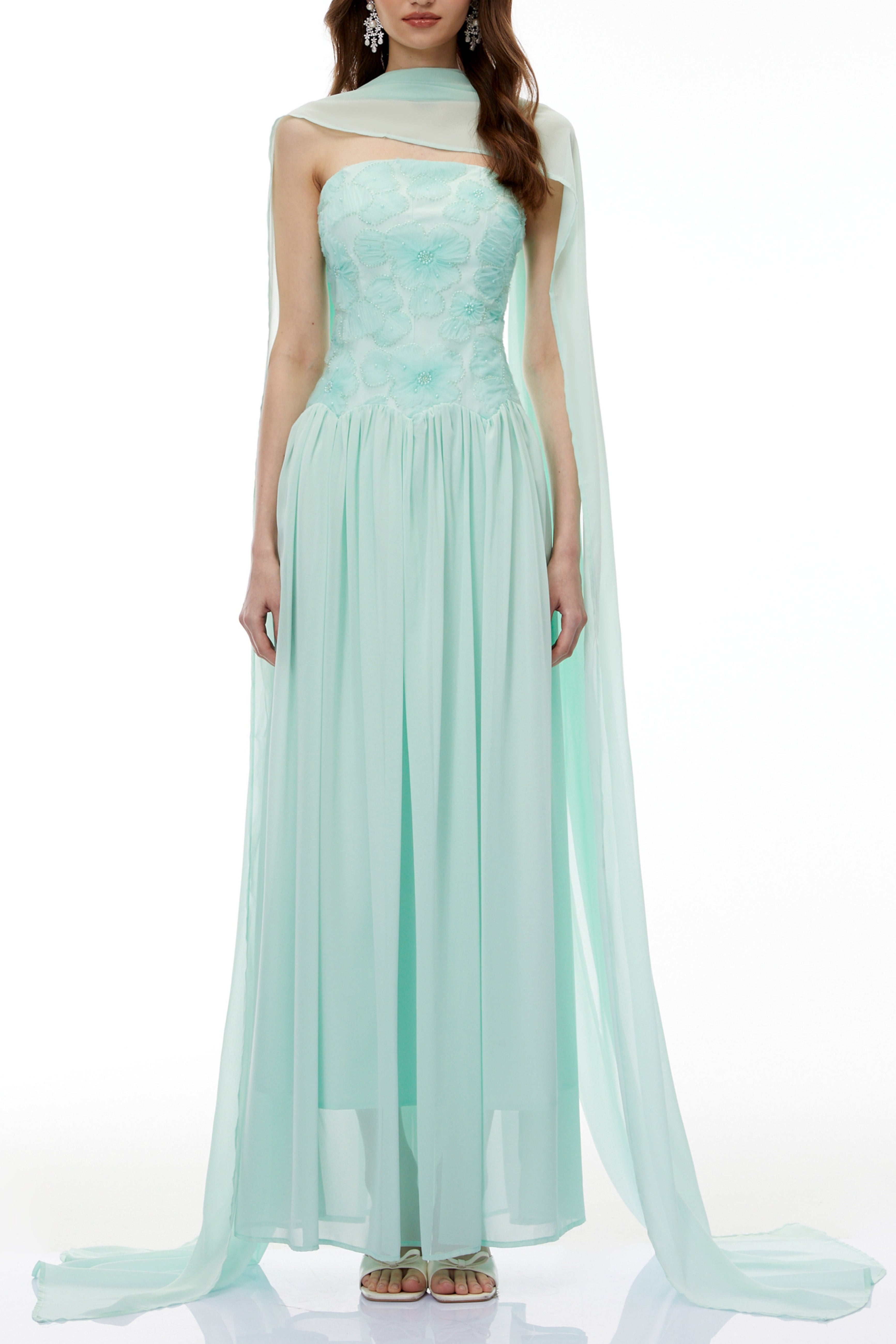 Rebecca Green Floral Embroidered Pleated Maxi Dress Avalabel