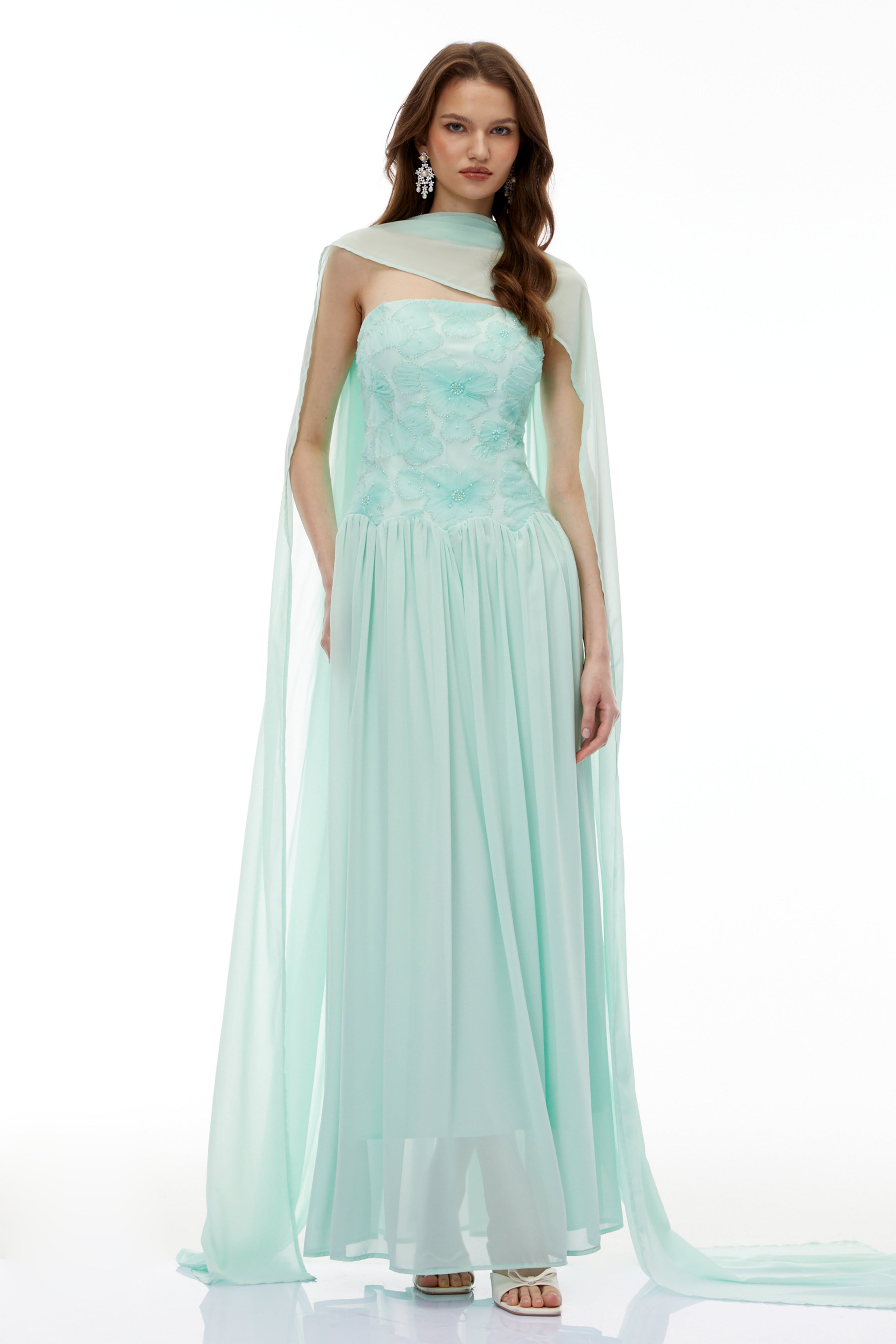 Rebecca Green Floral Embroidered Pleated Maxi Dress Avalabel