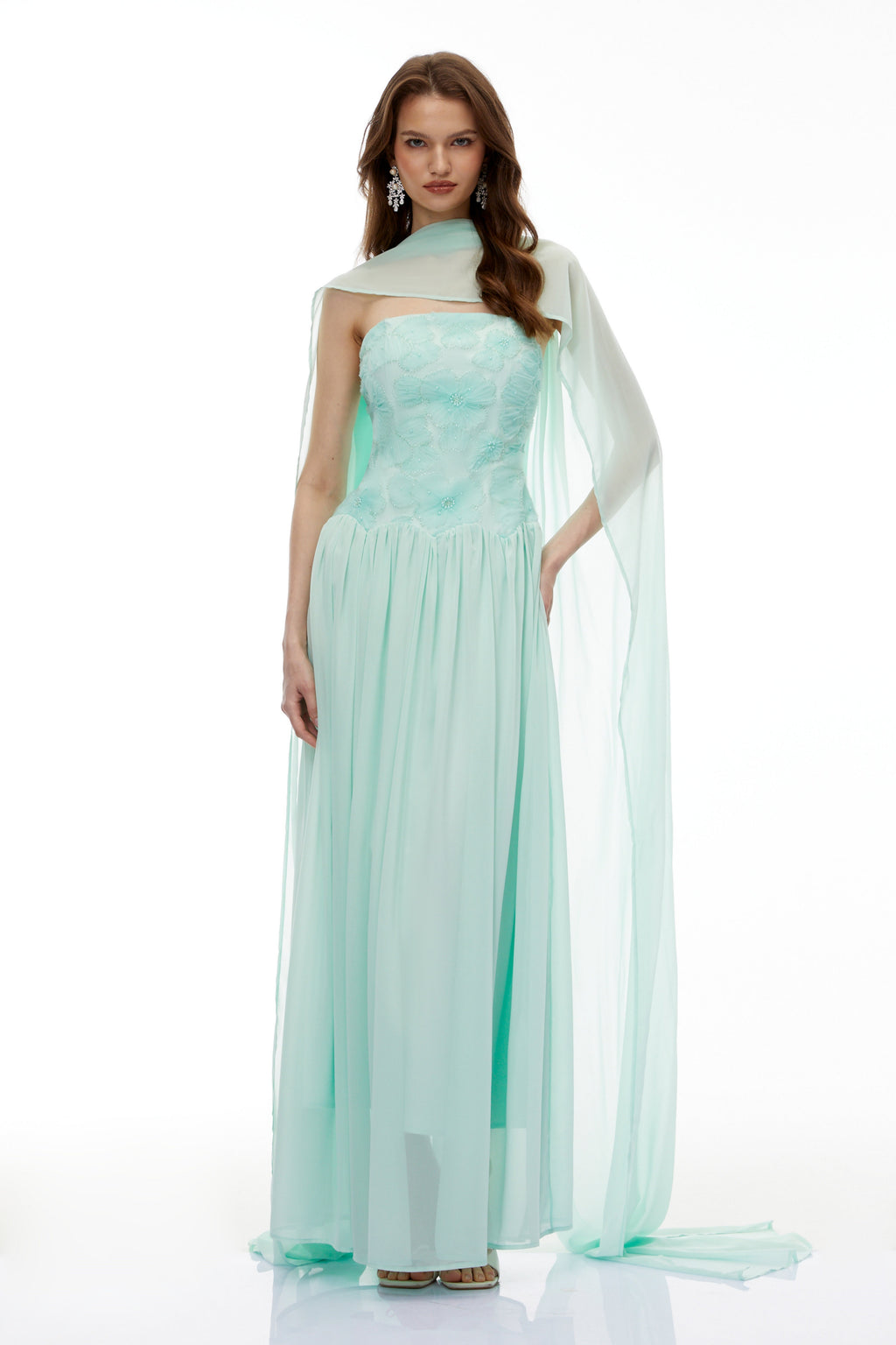 Rebecca Green Floral Embroidered Pleated Maxi Dress Avalabel