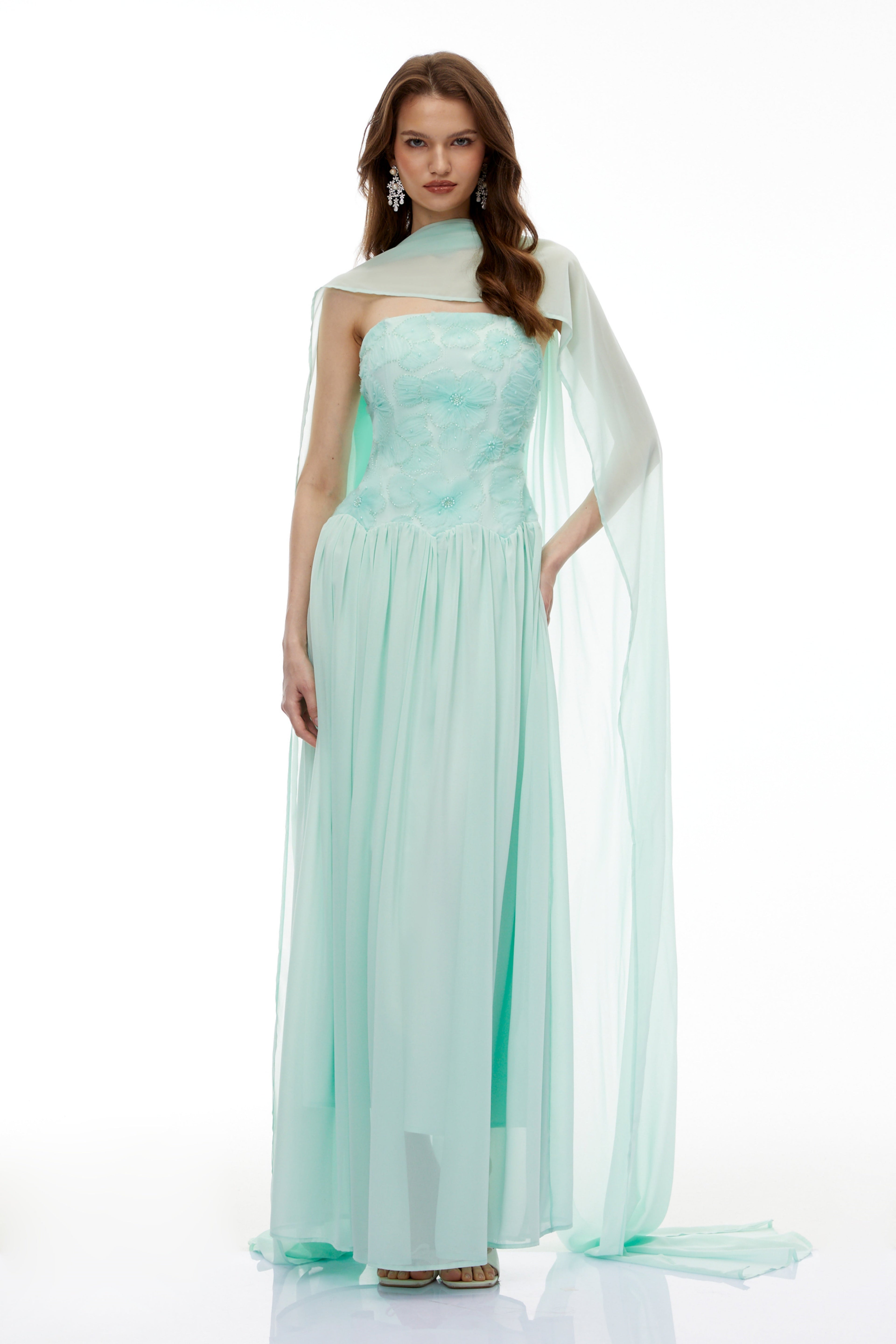 Rebecca Green Floral Embroidered Pleated Maxi Dress Avalabel