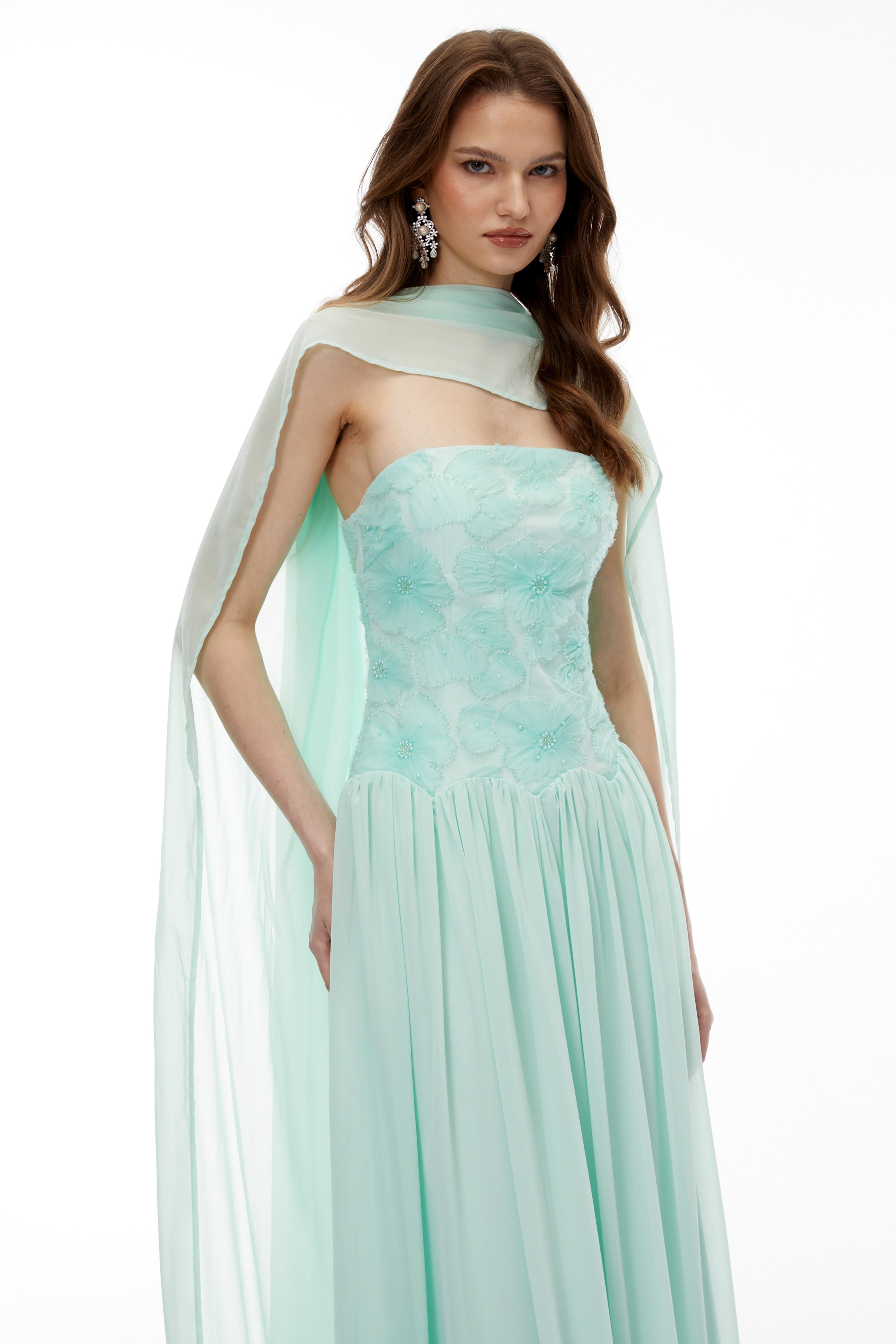 Rebecca Green Floral Embroidered Pleated Maxi Dress Avalabel