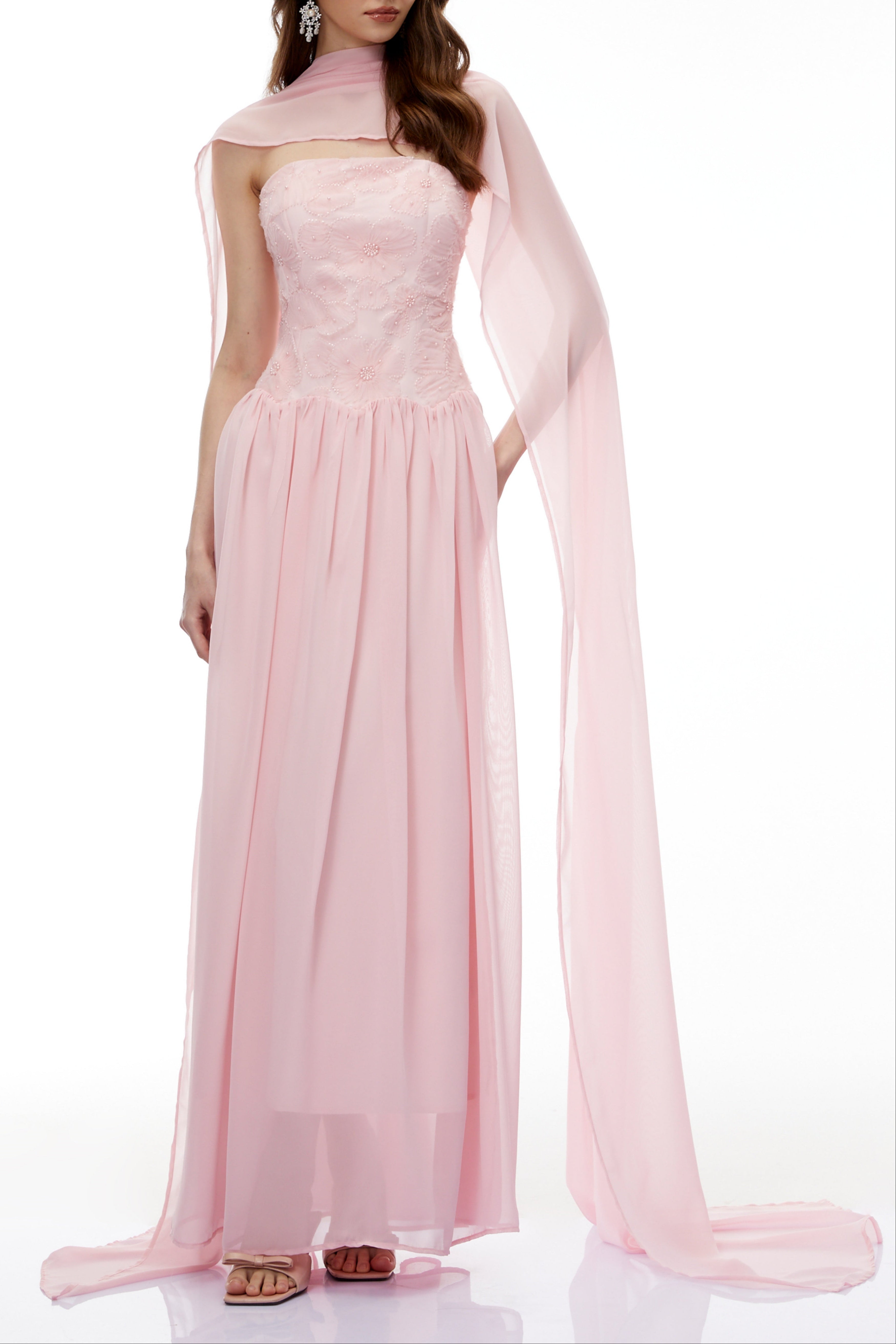 Rebecca Pink Floral Embroidered Pleated Maxi Dress Avalabel