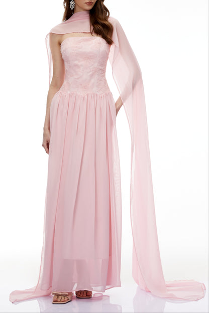 Rebecca Pink Floral Embroidered Pleated Maxi Dress